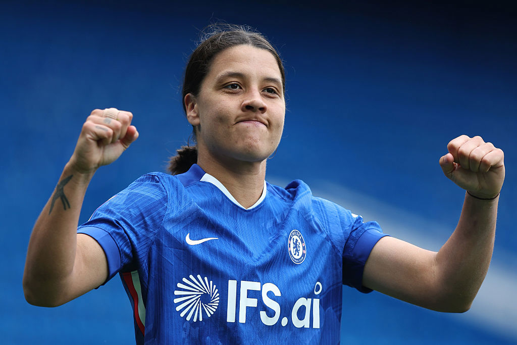 Sam Kerr celebrates scoring Chelsea's second goal against Manchester City.