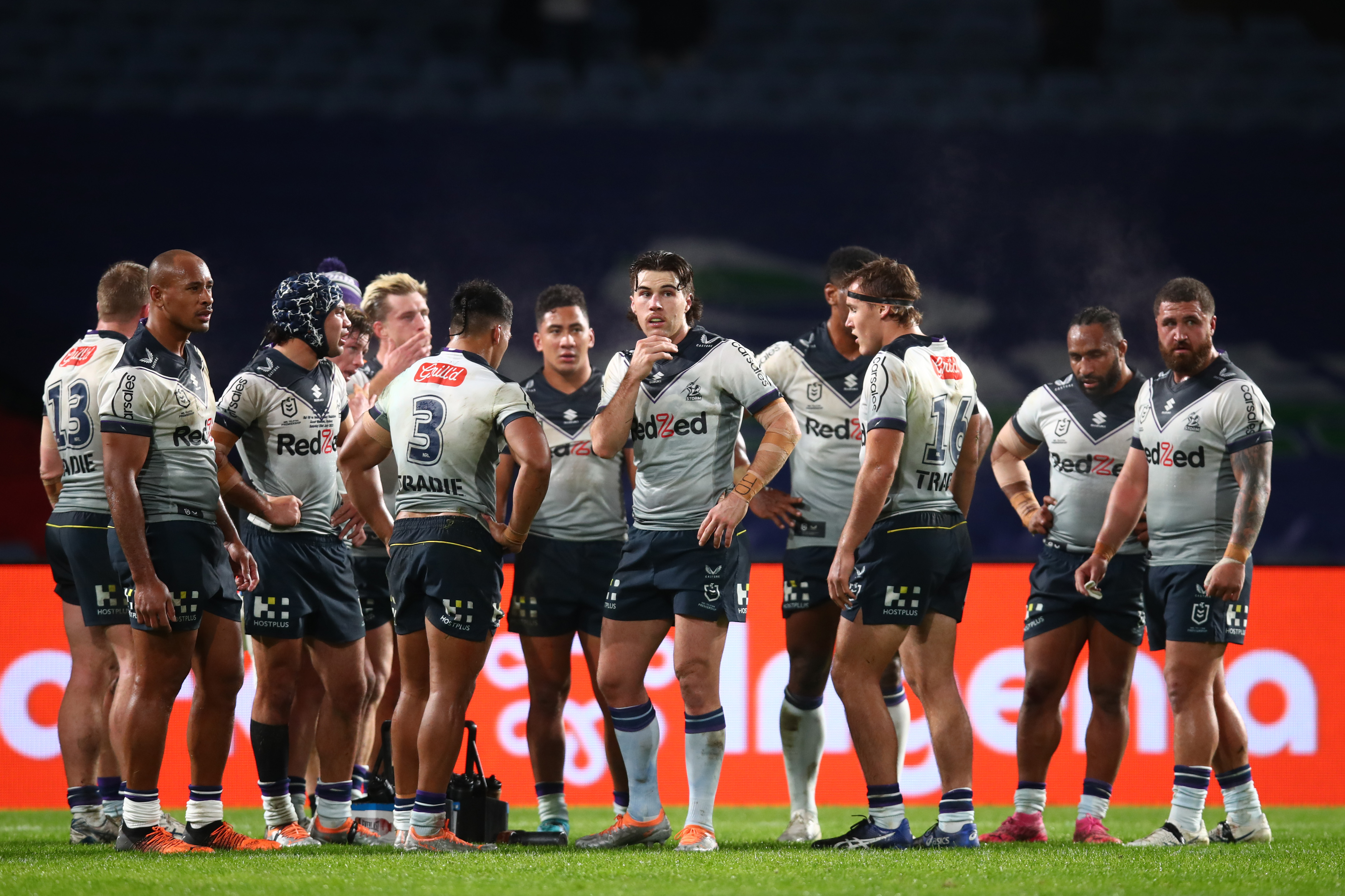 Storm players look on after conceding a try during the round 19 NRL match between the South Sydney Rabbitohs and the Melbourne Storm at Stadium Australia on July 23, 2022 in Sydney, Australia 
