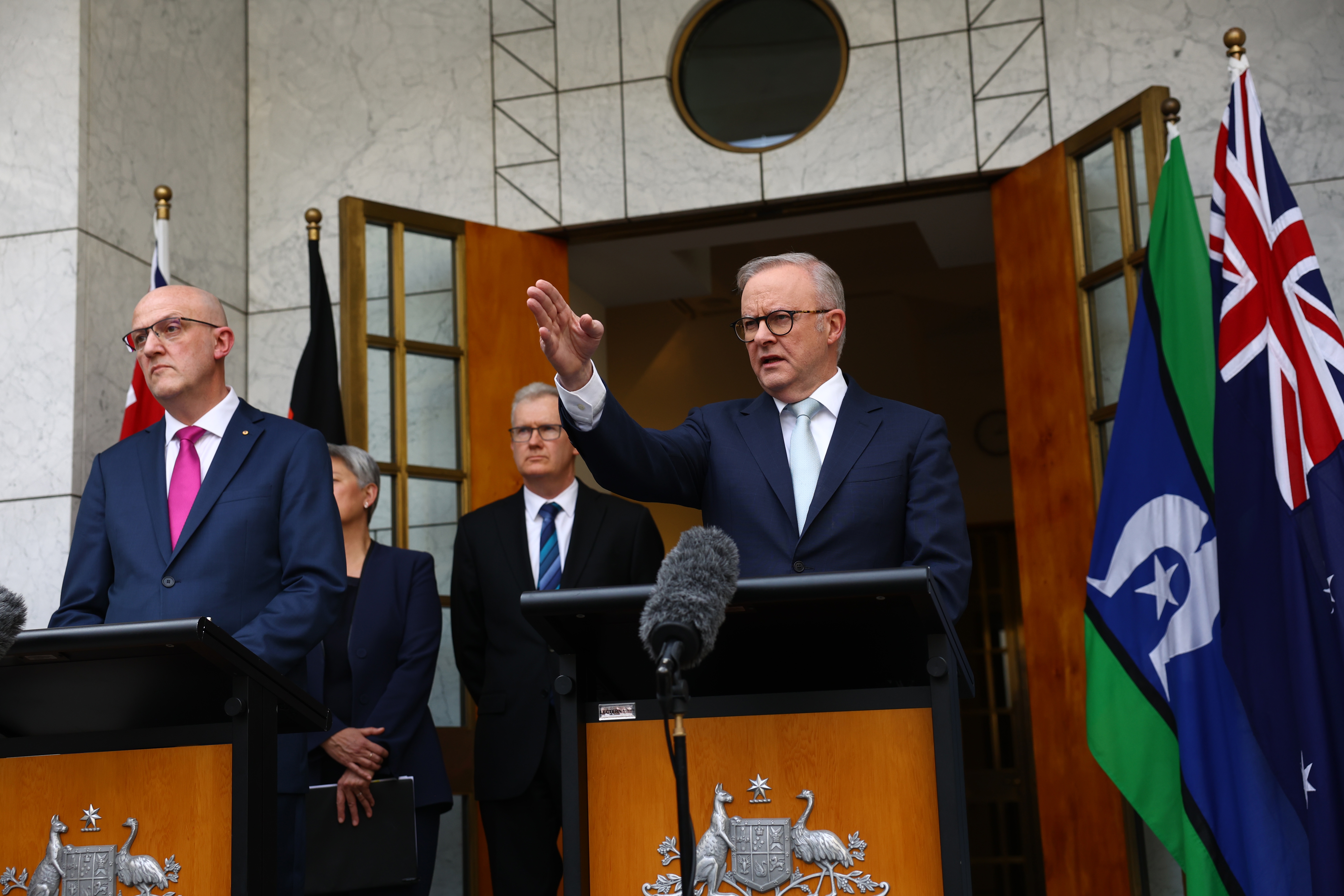 Prime Minister Anthony Albanese and ASIO Director General Mike Burgess at a press conference at Parliament House in Canberra on Tuesday 26 August 2025.
