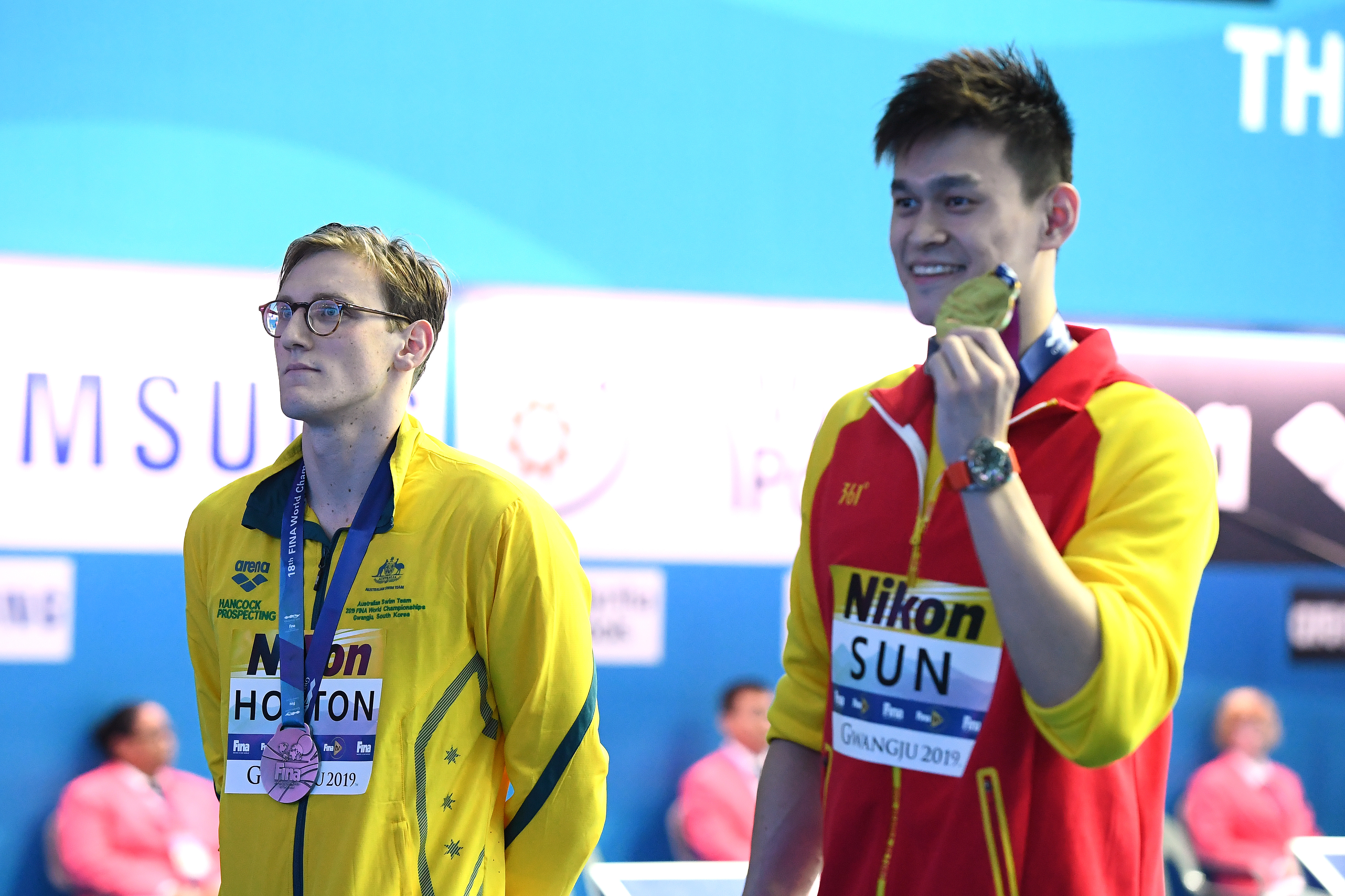 Silver medalist Mack Horton of Australia and gold medalist Sun Yang of China in 2019.