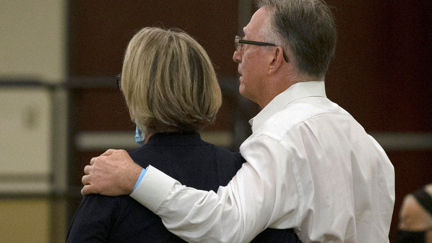  In this June 29, 2020, file photo, Gay and Bob Hardwick, who were attacked in their Stockton home in 1978 by the Golden State Killer, Joseph James DeAngelo, stand as the charges are read against DeAngelo during a hearing in Sacramento, Calif. Survivors plan to confront DeAngelo this week during an extraordinary four days of court hearings before the 74-year-old is sentenced to life in prison. (AP Photo/Rich Pedroncelli, File)
