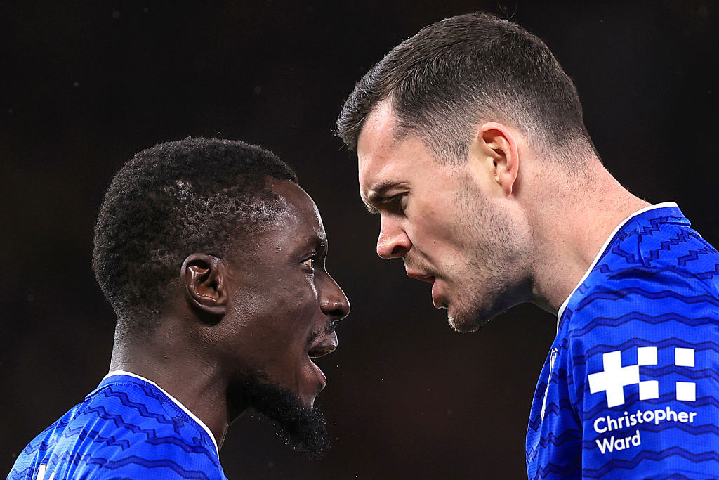 Idrissa Gueye of Everton clashes with teammate Michael Keane.