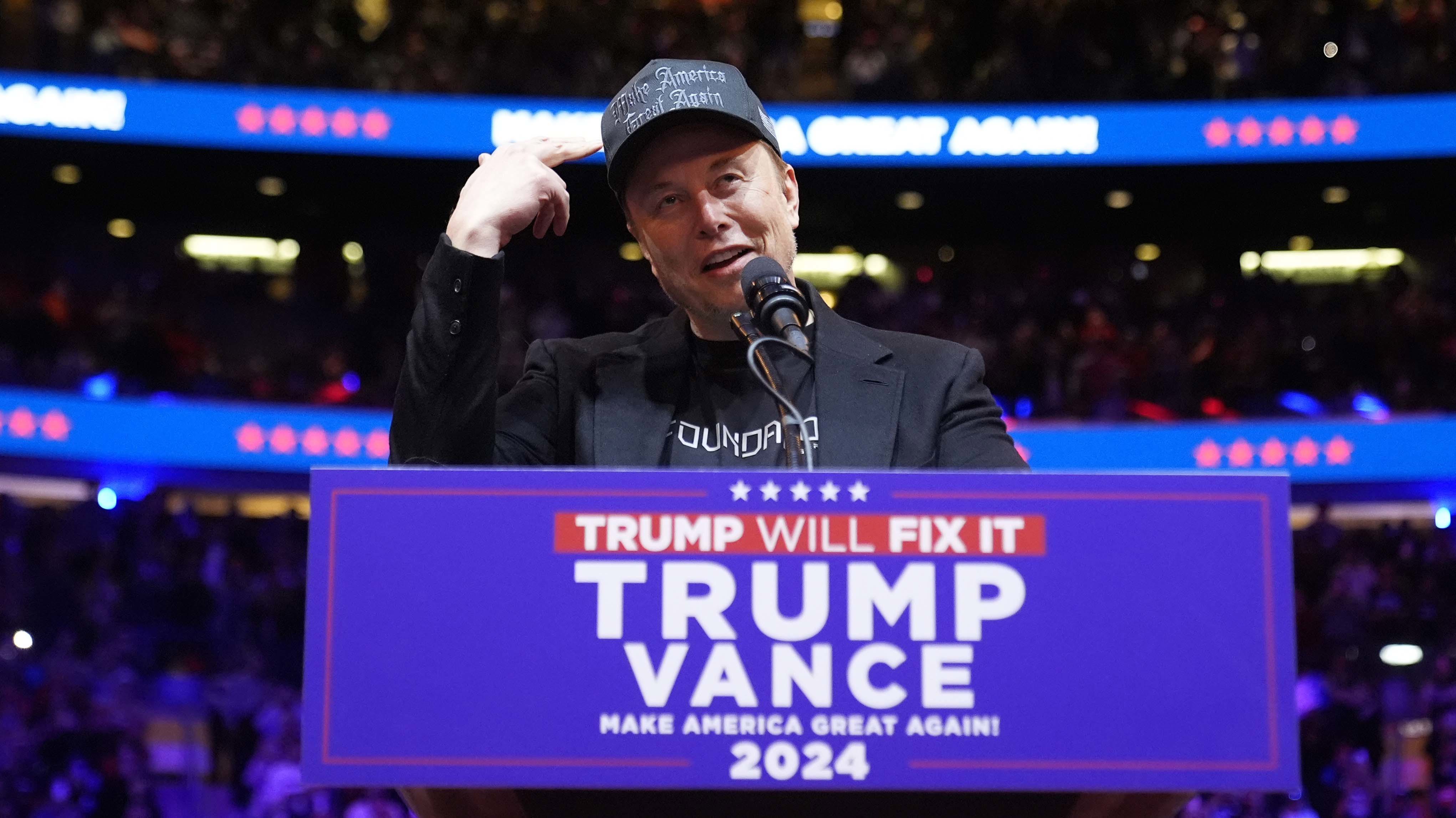 Elon Musk speaks before Republican presidential nominee former President Donald Trump at a campaign rally at Madison Square Garden, Sunday, Oct. 27, 2024, in New York. (AP Photo/Alex Brandon)