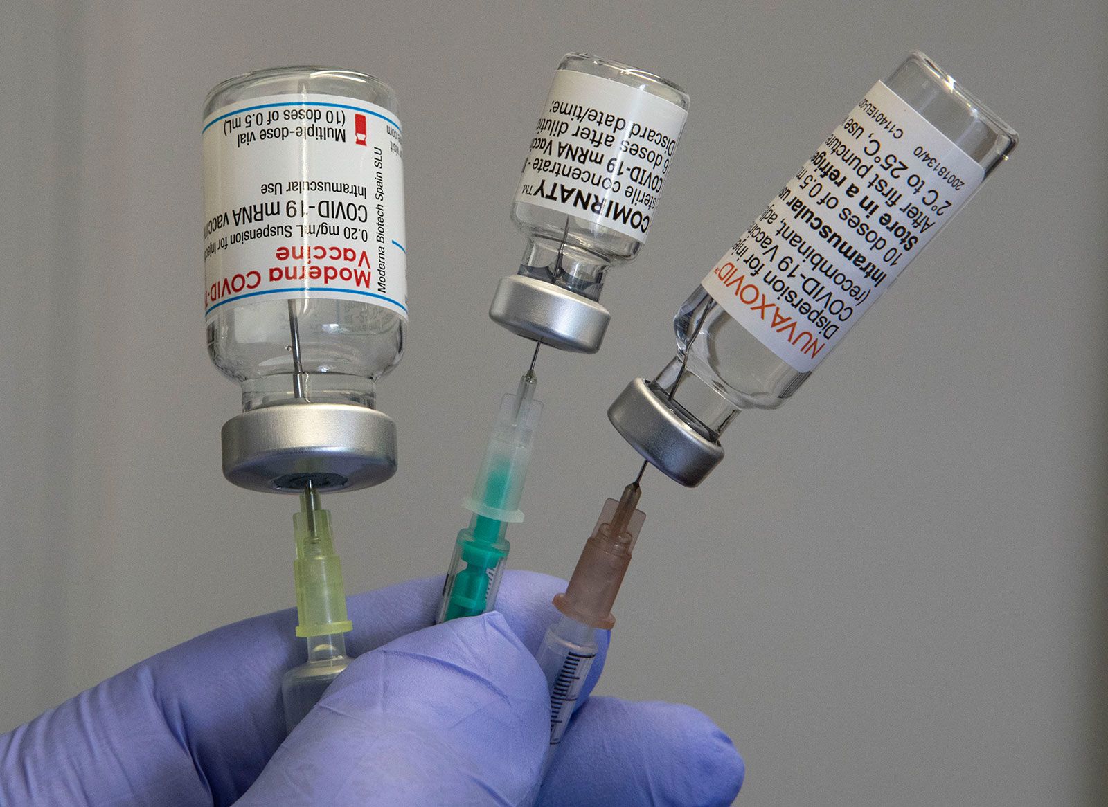 Original vaccination vials from Moderna, Comirnaty (Pfizer/BioNTech) and Nuvaxovid (Novavax) on April 27, 2022.