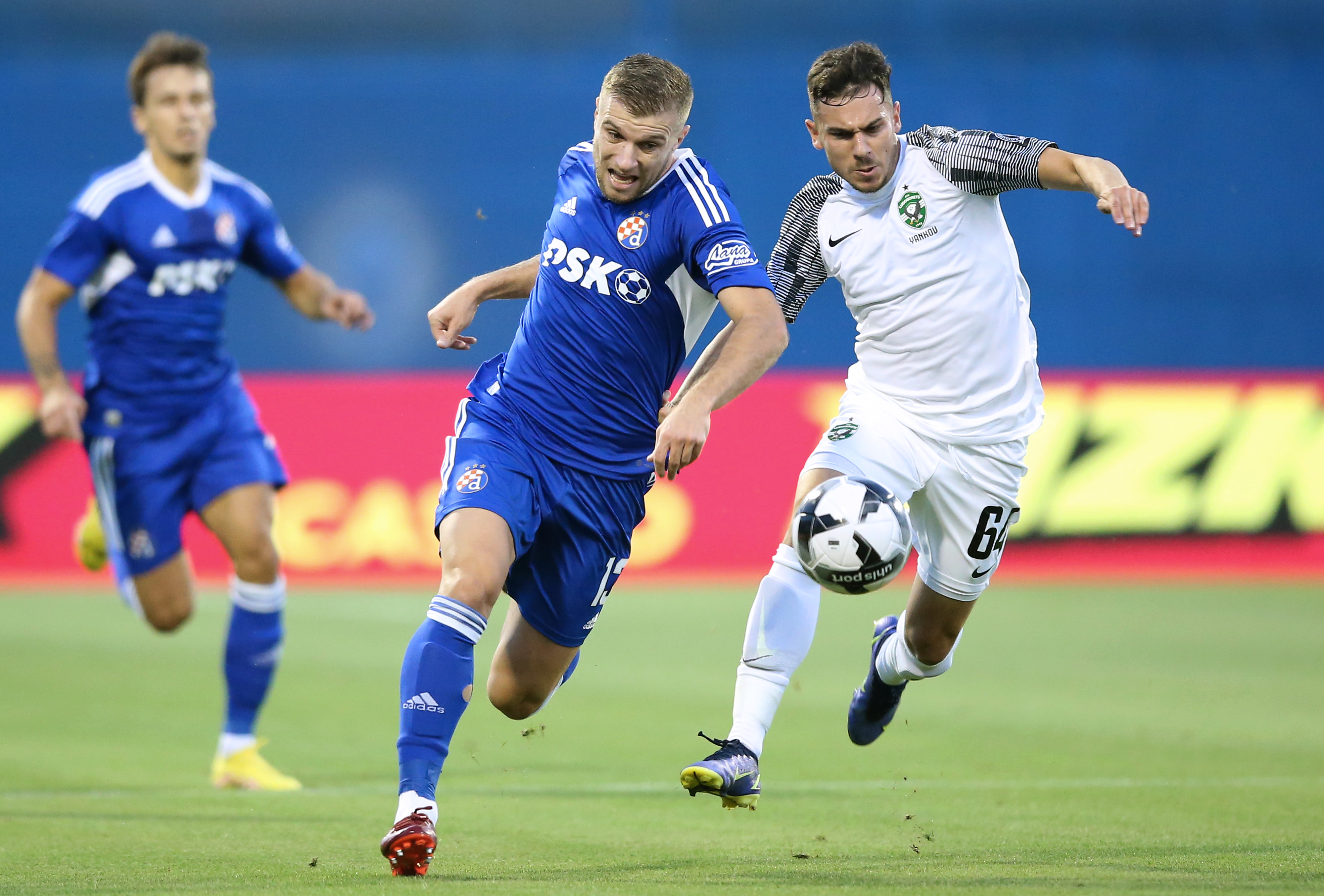 Dominic Yankov of Ludogorets competes for the ball with Stefan Ristovski of Dinamo Zagreb.