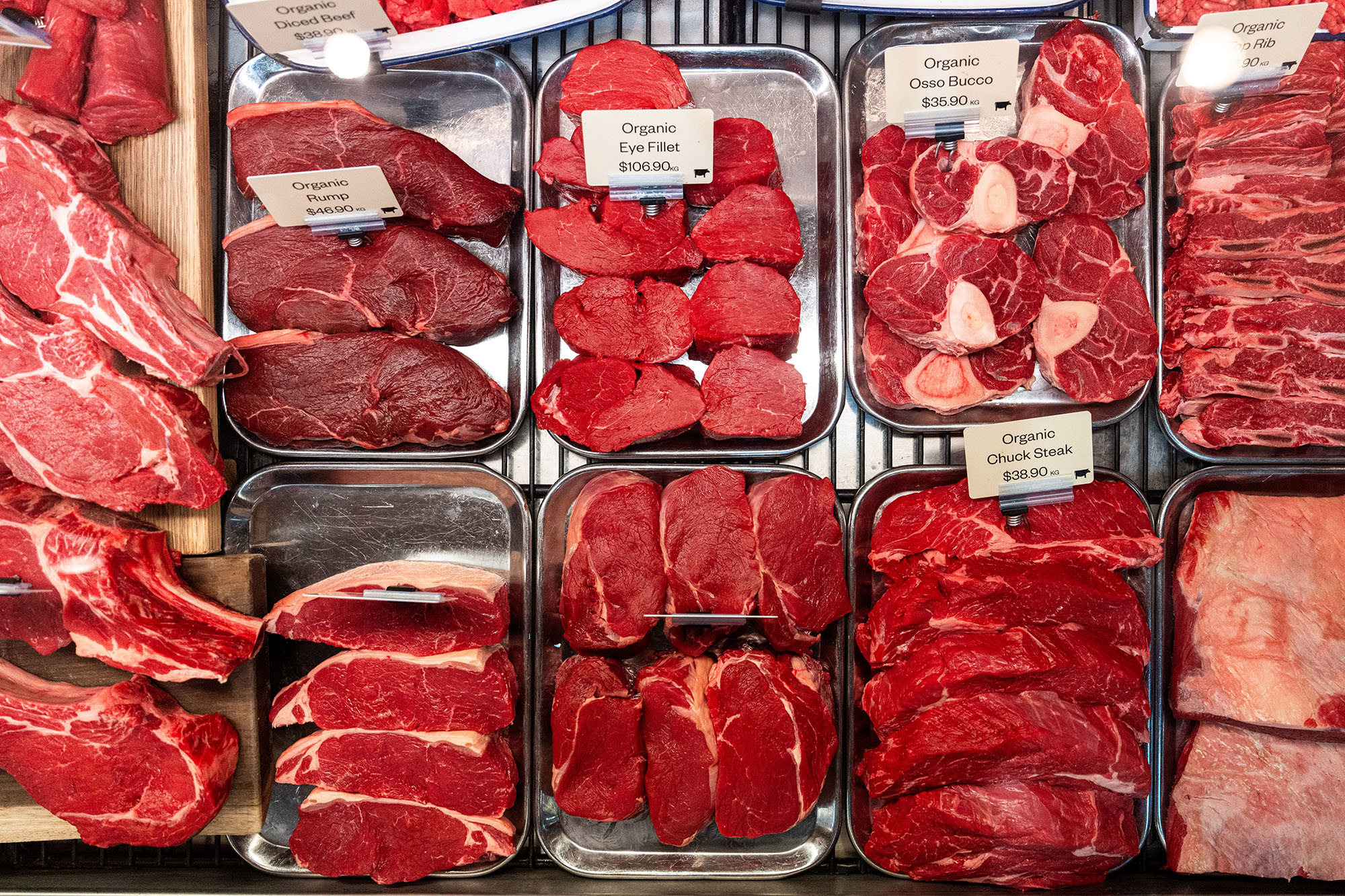 Cuts of beef in a butcher's window.