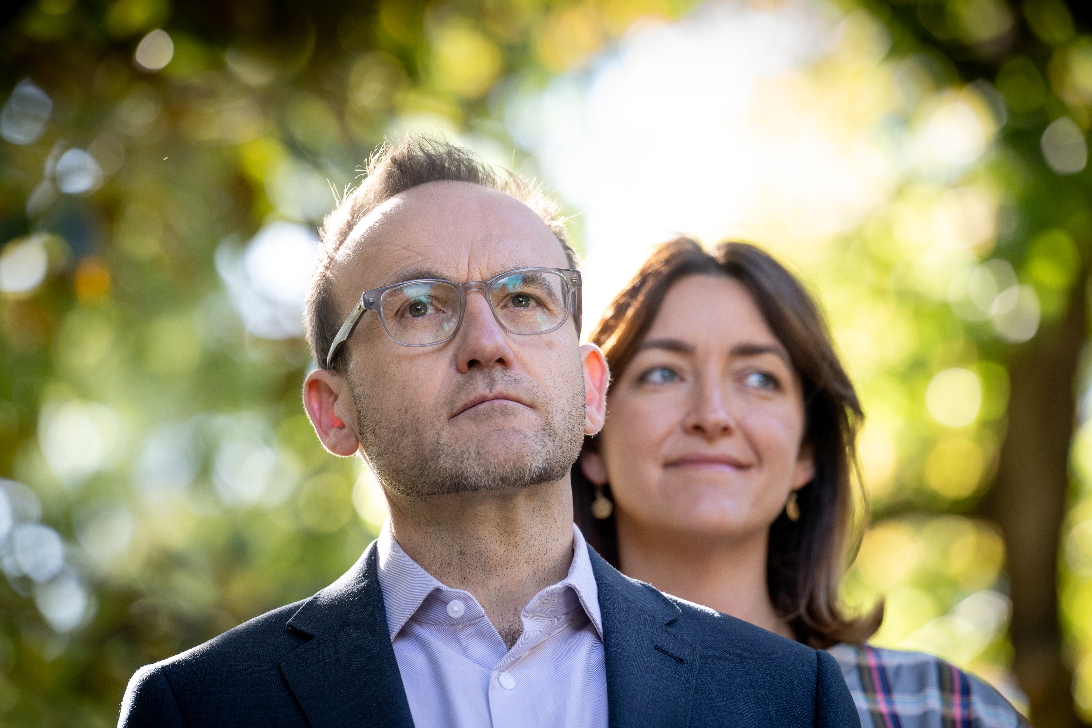 Adam Bandt, Leader of the Australian Greens and Steph Hodgins-May, Greens Senator for Victoria updating the media on the likelihood that they will hold the balance of power in the Senate following Saturdays Federal Election. They were in the Treasury Gardens, Melbourne. The Age. Picture: Penny Stephens. Monday 5th May 2025