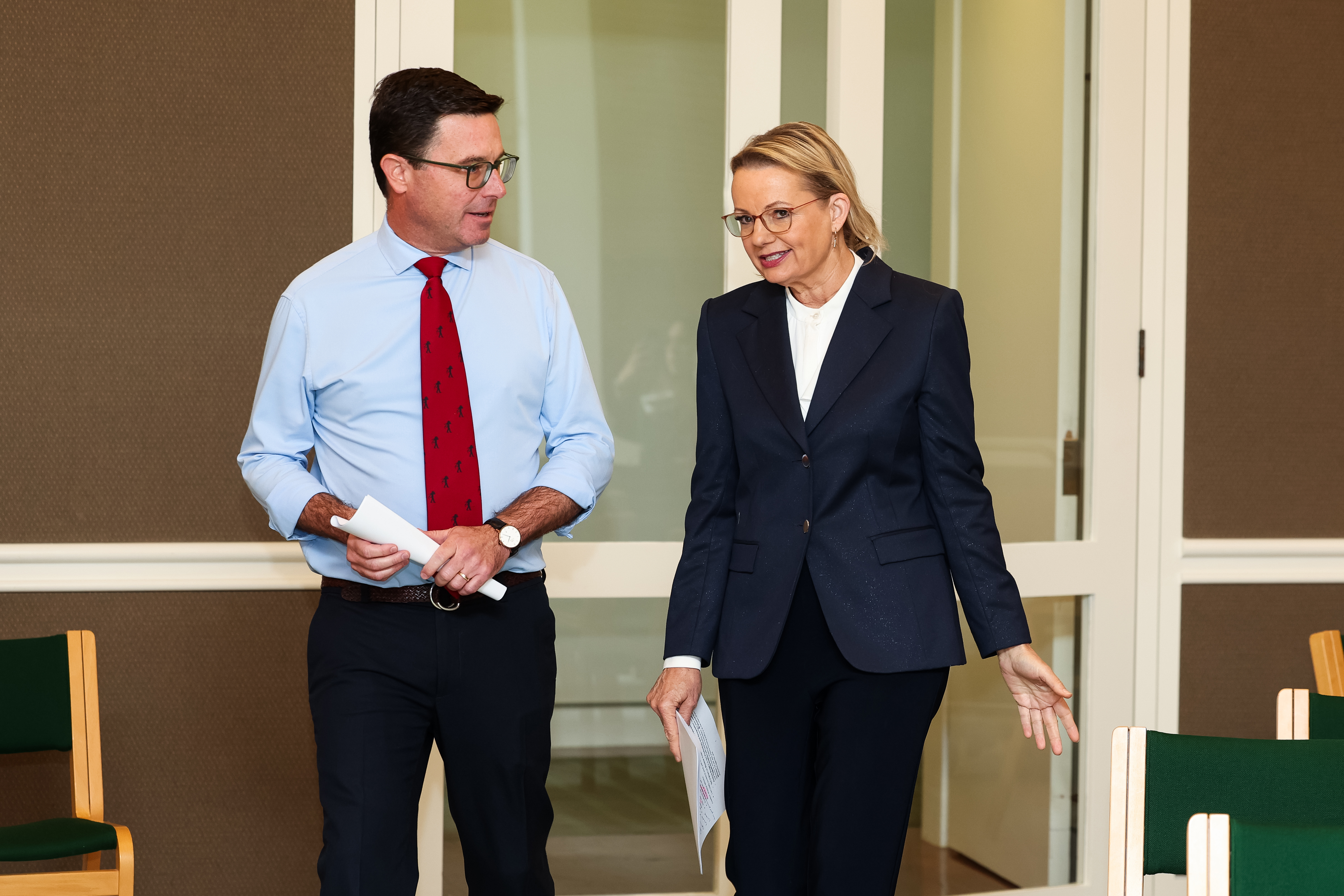 Nationals leader David Littleproud and Liberal leader Sussan Ley arrive for at a press conference
