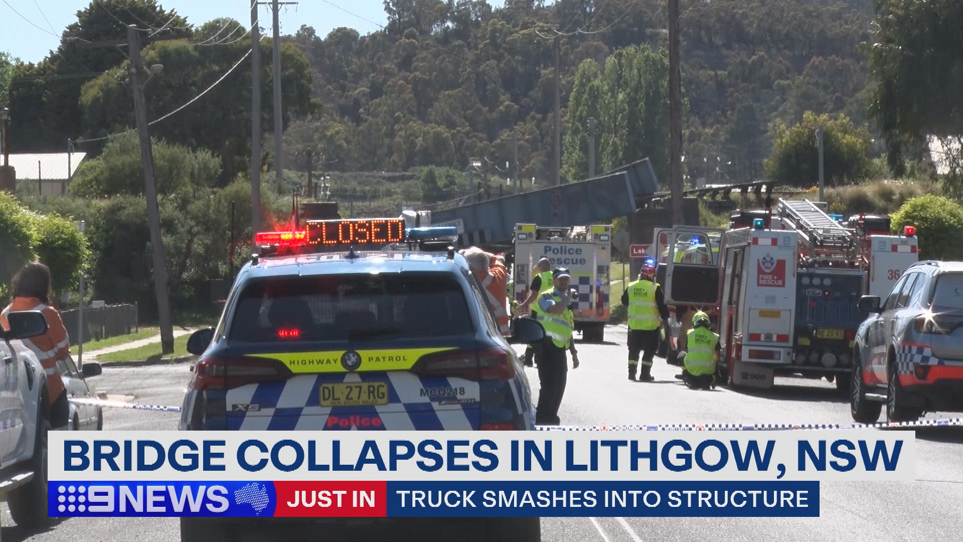 Police on scene at a bridge collapse in Lithgow after it was struck by a truck. 