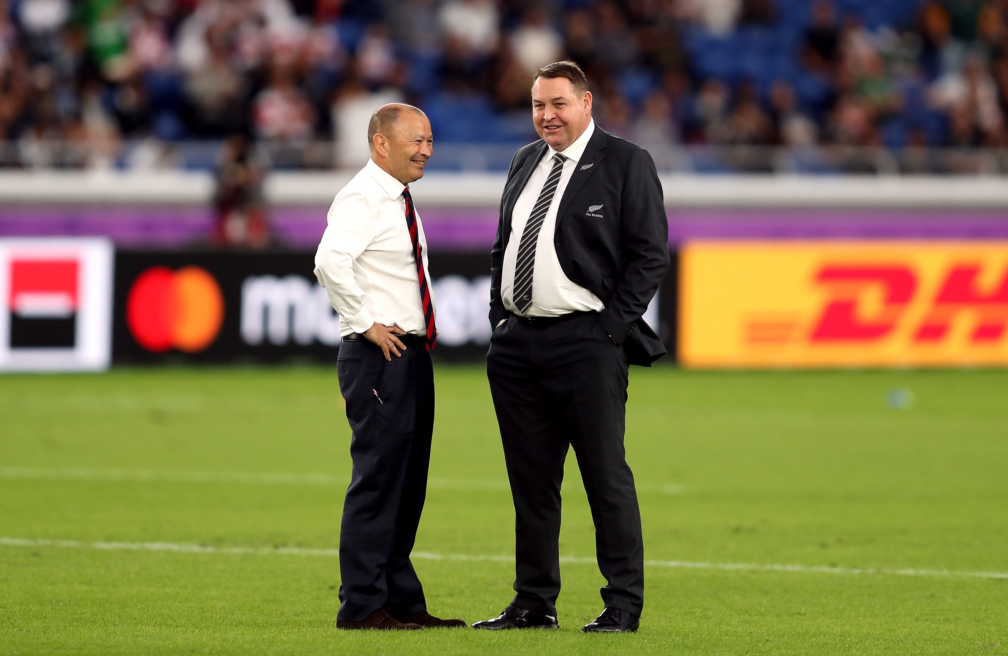Then-England coach Eddie Jones (left) and New Zealand coach Steve Hansen at the 2019 Rugby World Cup.