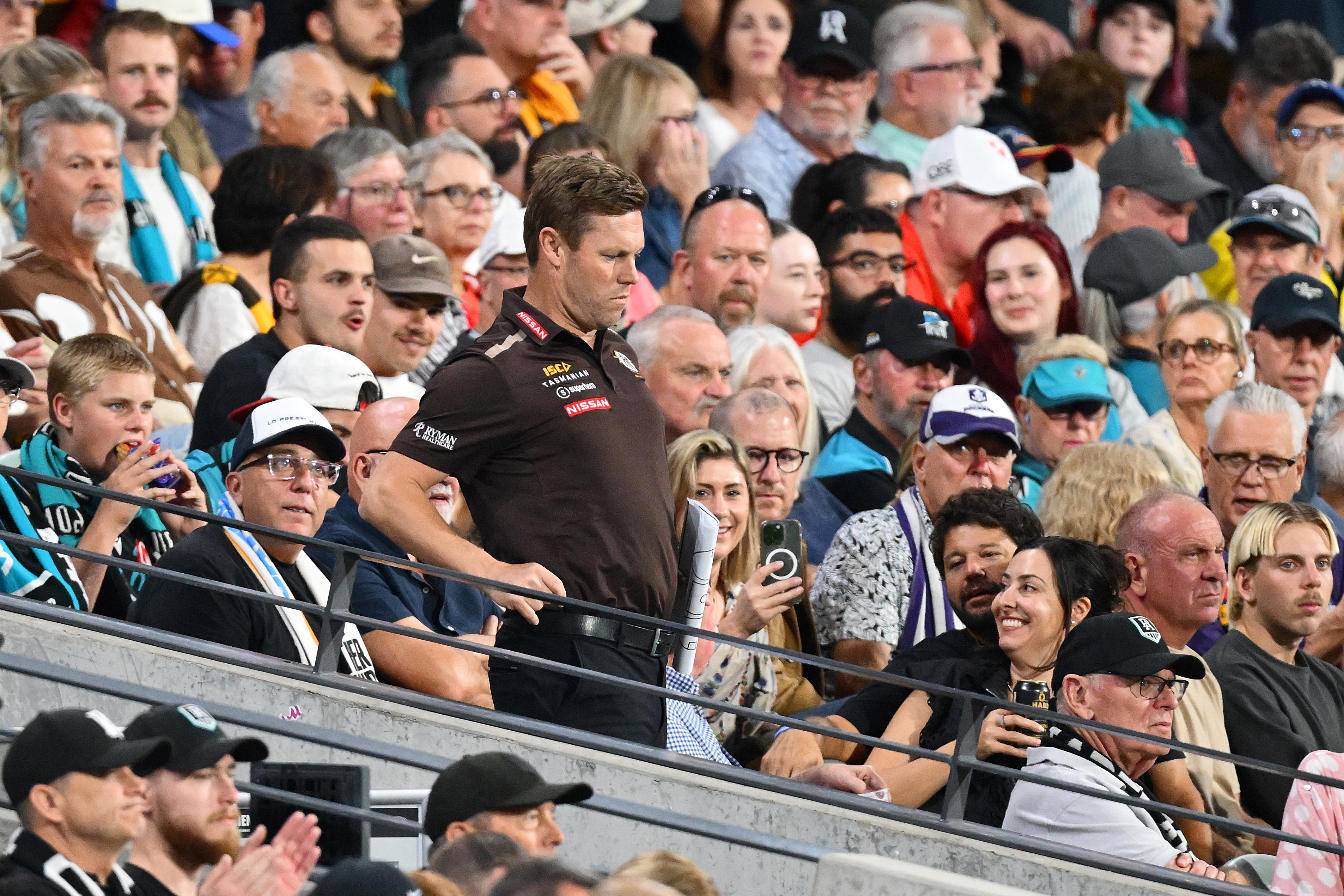 Sam Mitchell, Senior Coach of Hawthorn walks to the ground during the round five AFL match between Port Adelaide Power and Hawthorn Hawks at Adelaide Oval, on April 13, 2025, in Adelaide, Australia. (Photo by Quinn Rooney/Getty Images)