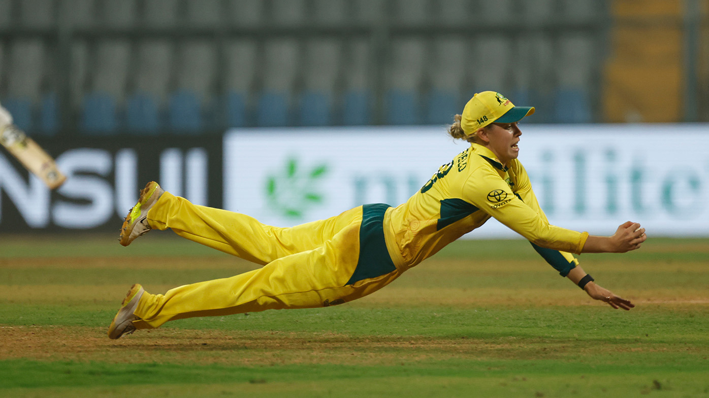 Phoebe Litchfield of Australia takes a catch to dismiss Jemimah Rodrigues of India during women's One Day International Match between India and Australia at Wankhede Stadium on December 30, 2023 in Mumbai, India. (Photo by Pankaj Nangia/Getty Images)