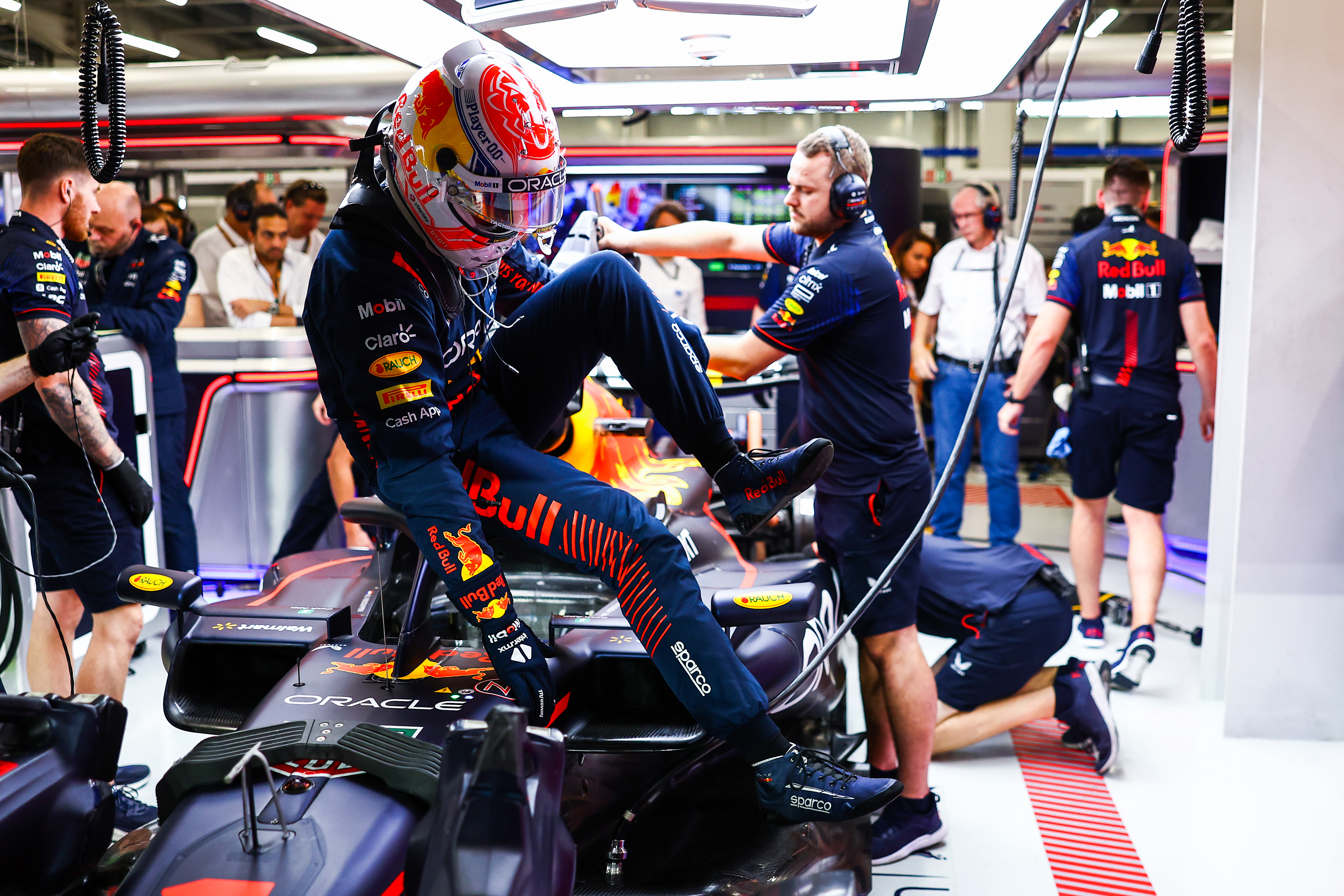 15th placed qualifier Max Verstappen of the Netherlands and Oracle Red Bull Racing climbs from his car in the garage during qualifying ahead of the F1 Grand Prix of Saudi Arabia at Jeddah Corniche Circuit. (Photo by Mark Thompson/Getty Images)