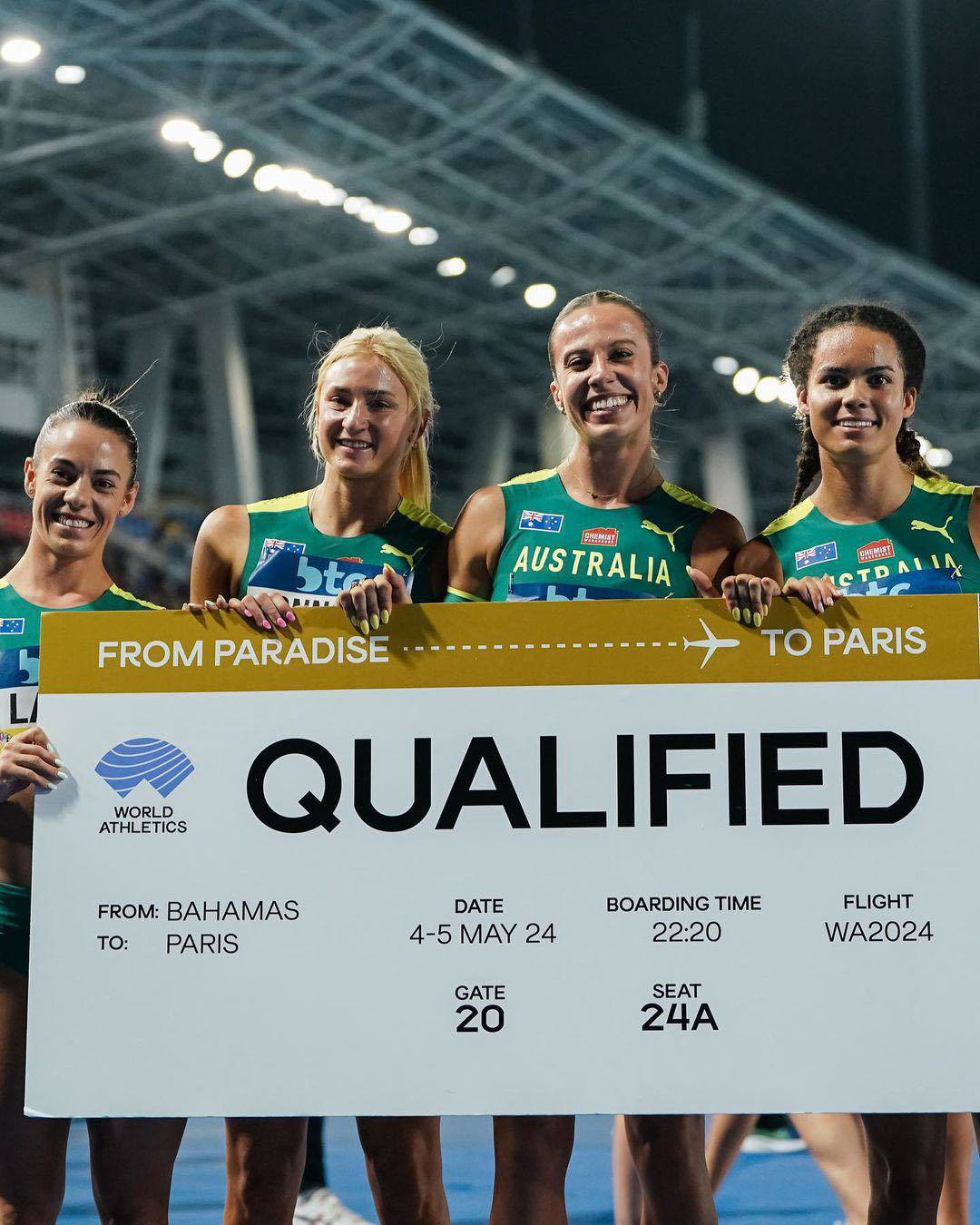 From left: Australian relay sprinters Ebony Lane, Ella Connolly, Bree Masters and Torrie Lewis pose with their boarding pass to Paris.