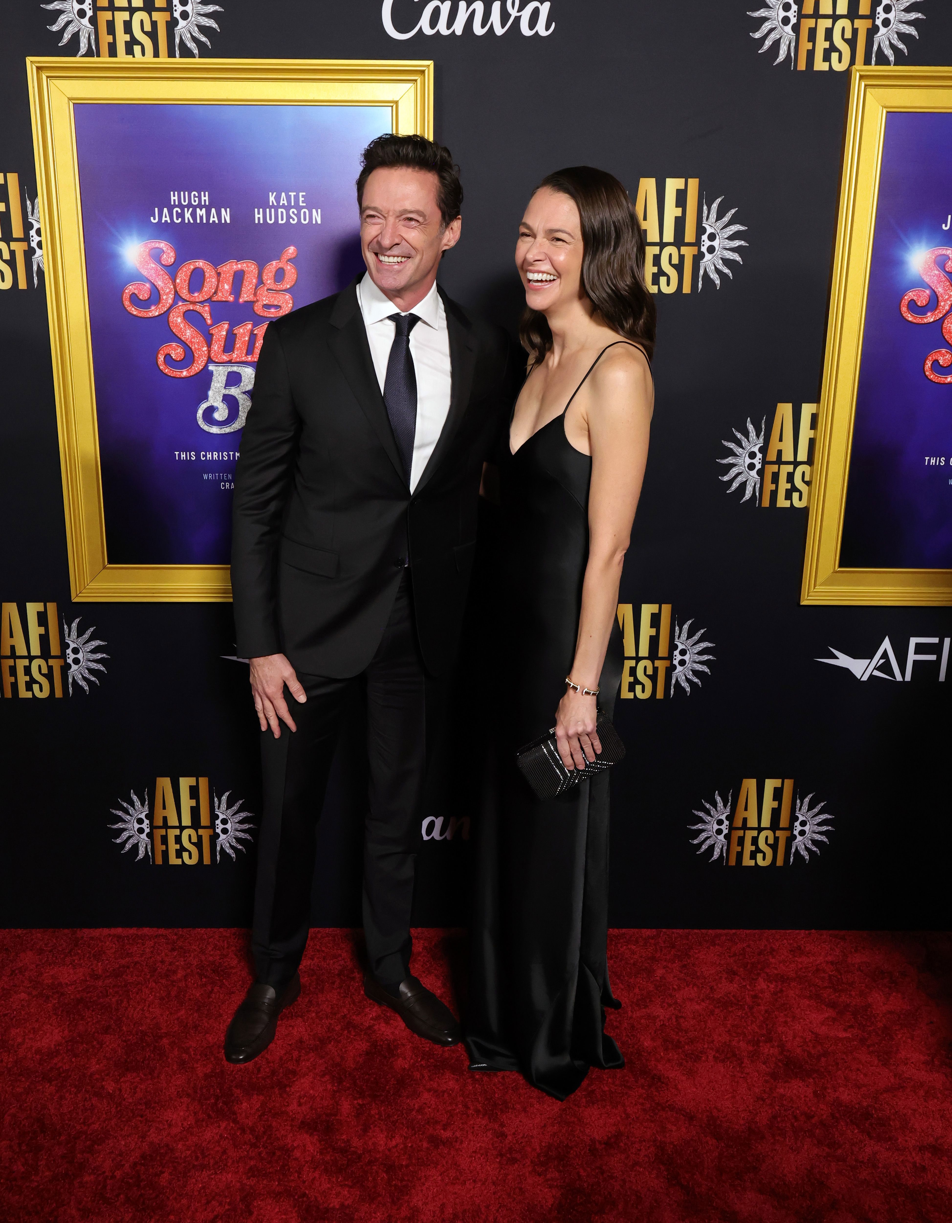 Hugh Jackman and Sutton Foster attend closing night gala premiere of Song Sung Blue during 2025 AFI FEST at TCL Chinese 6 Theatres on October 26, 2025 in Hollywood, California. 