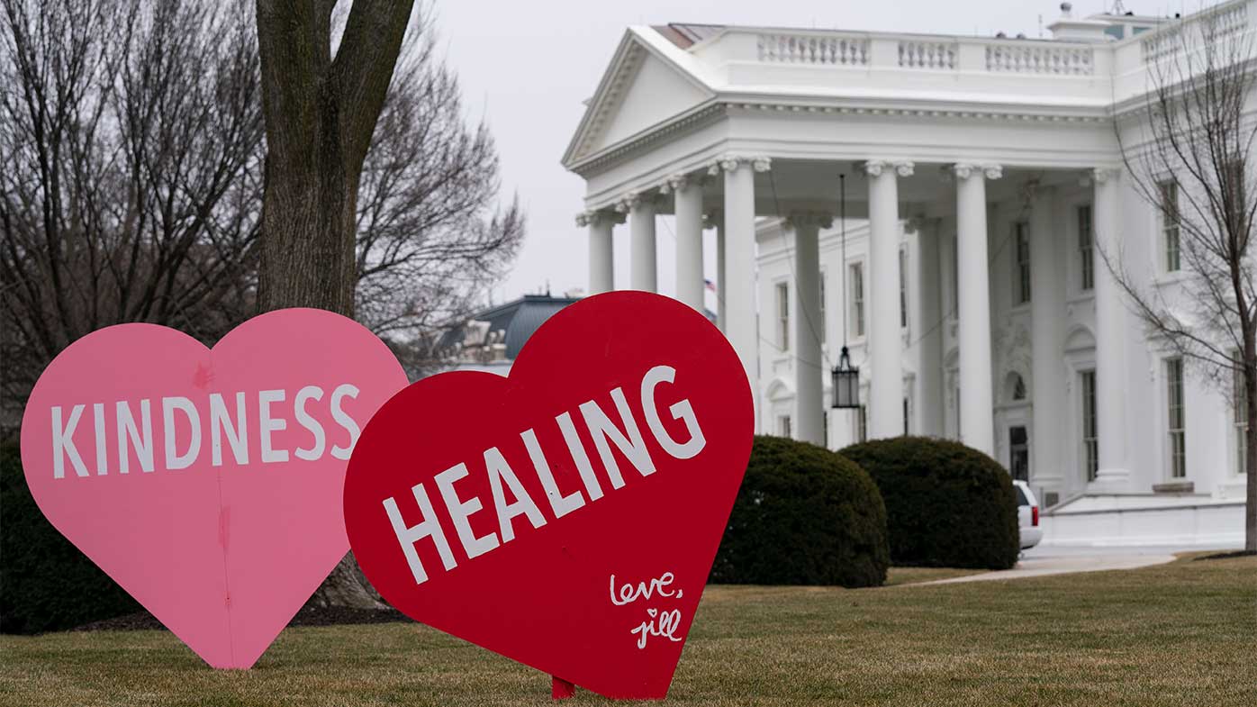 Valentine's Day hearts placed outside the White House by the office of the First Lady.