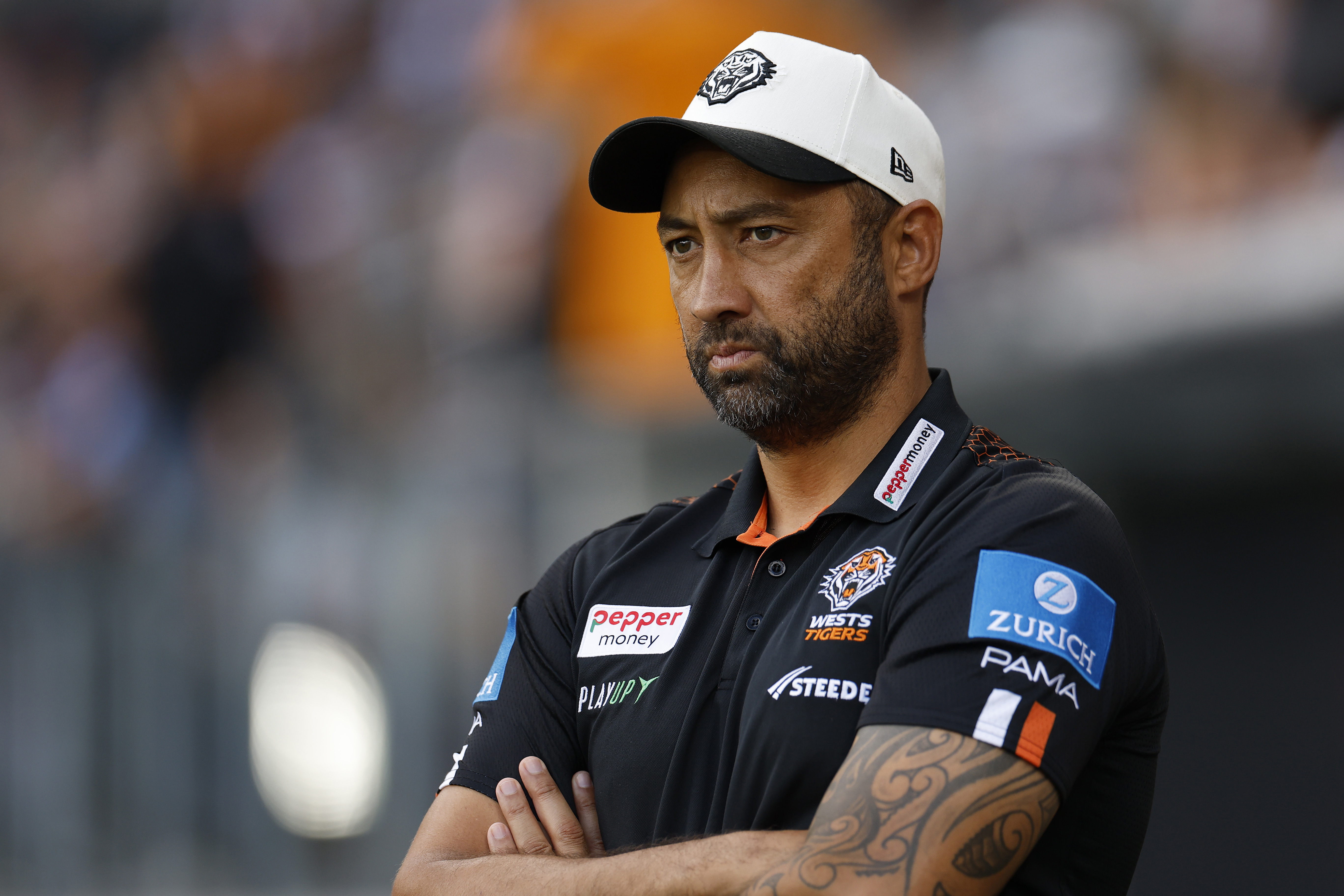 Benji Marshall, head coach of the Wests Tigers looks on before the round seven NRL match between the Wests Tigers and Parramatta Eels at CommBank Stadium on April 21, 2025, in Sydney, Australia. (Photo by Darrian Traynor/Getty Images)