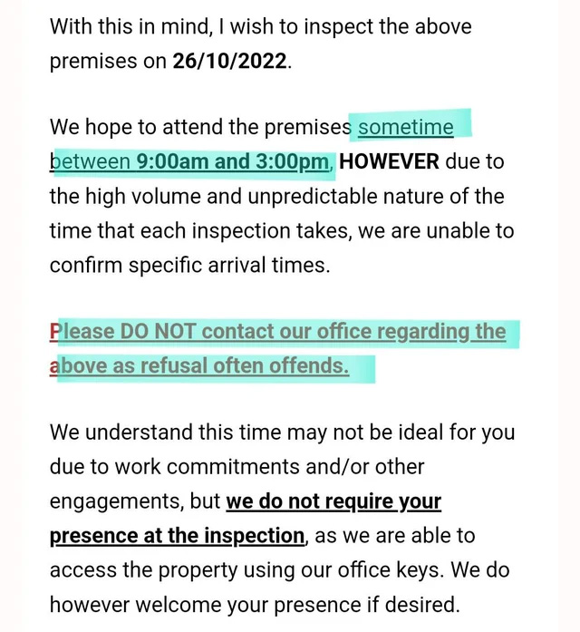 Degrading Email To Tenant Outlines Invasive List Of Inspection