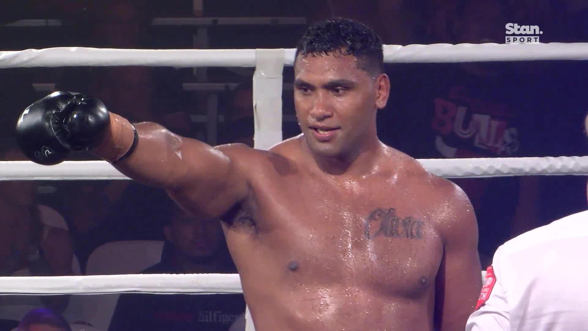 Tevita Pangai Junior celebrates his KO win over Raphael Sa'u in The Fists And The Furious.
