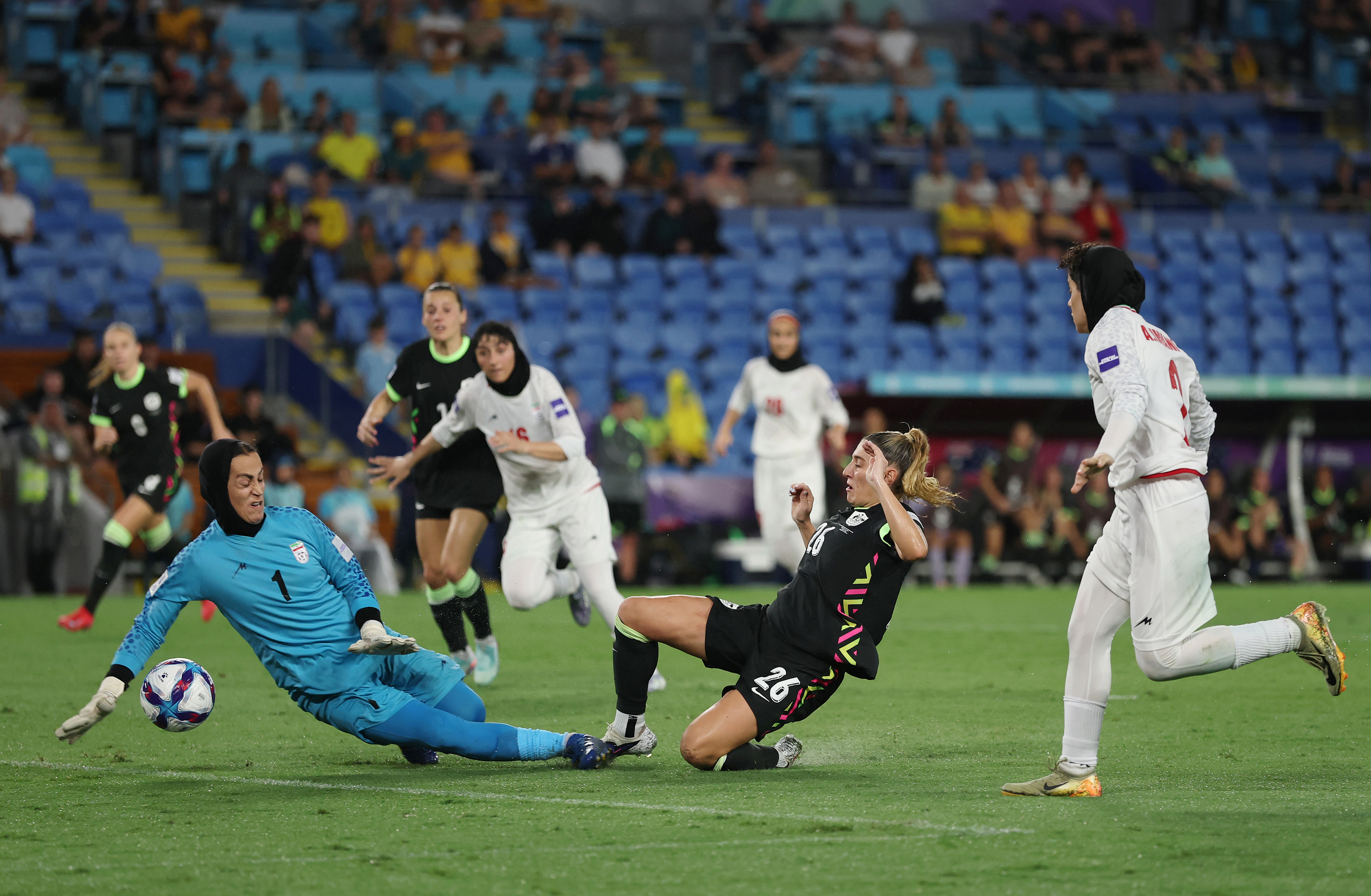 Remy Siemsen takes aim against Raha Yazdani during the Matildas' AFC Women's Asian Cup 2026 clash with Iran at Gold Coast Stadium.