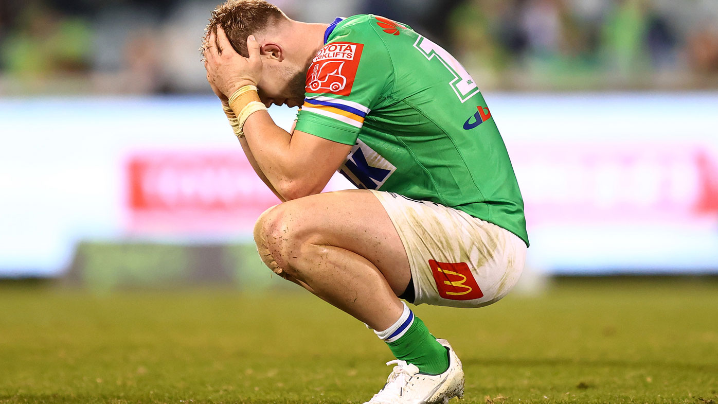 Hudson Young hangs his head after the Raiders fall to Souths. (Getty)