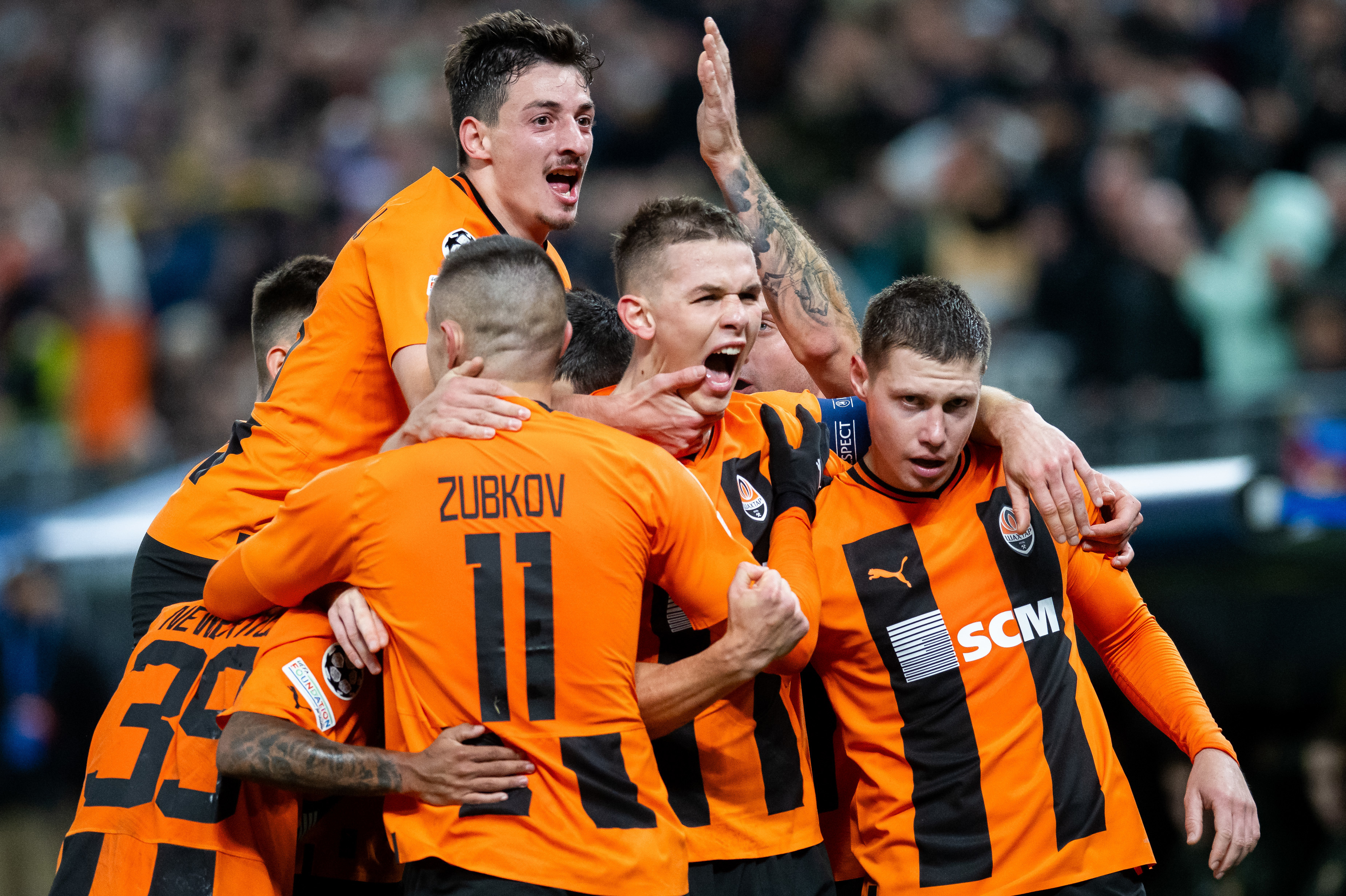 Danylo Sikan of Shakhtar Donetsk celebrates after scoring a goal.