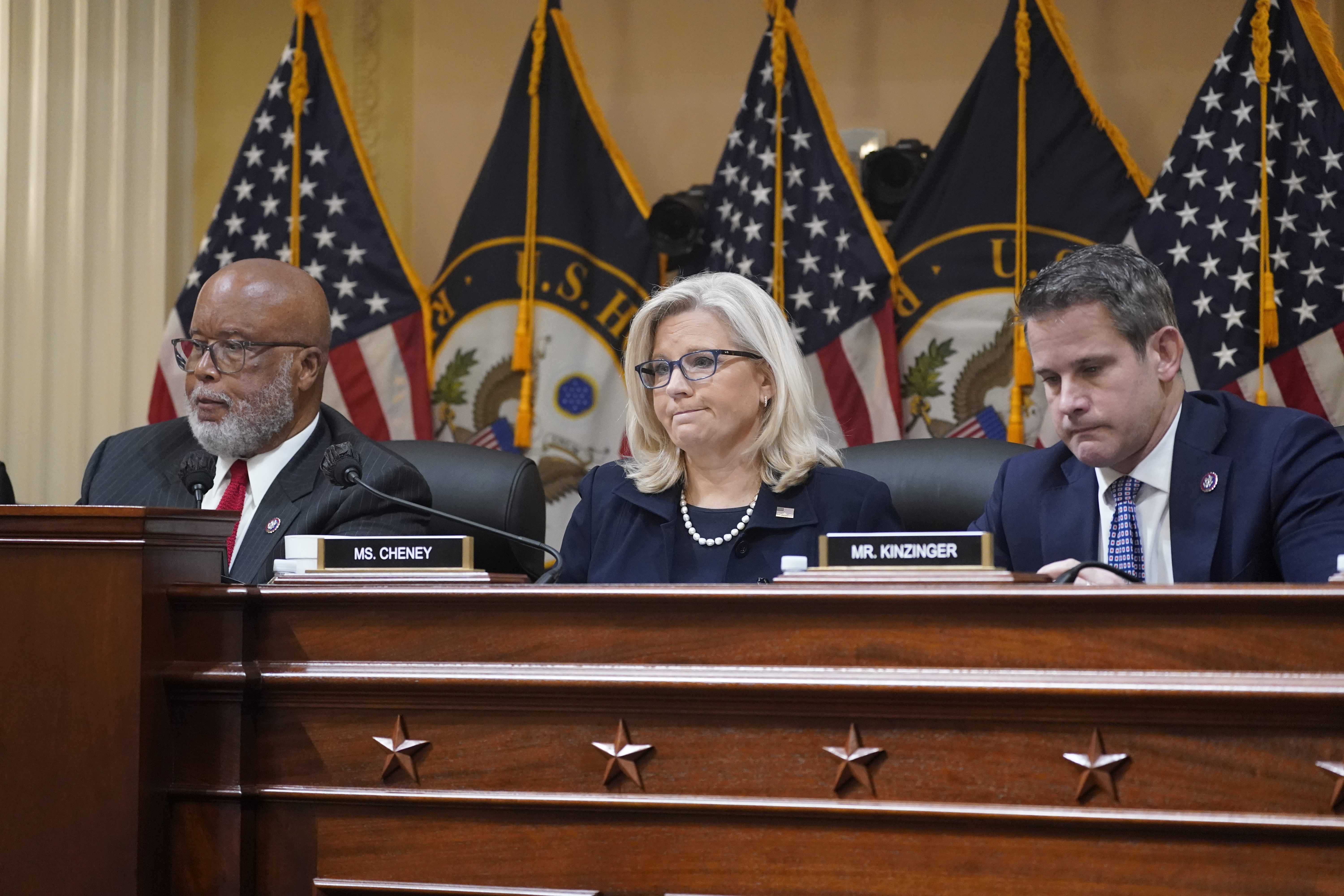 From left, Chairman Bennie Thompson, D-Miss., Vice Chair Liz Cheney, R-Wyo., and Rep. Adam Kinzinger, R-Ill., listen as the House select committee investigating the Jan. 6, 2021 attack on the Capitol holds a hearing at the Capitol in Washington, Thursday, June 16, 2022. (AP Photo/J. Scott Applewhite)