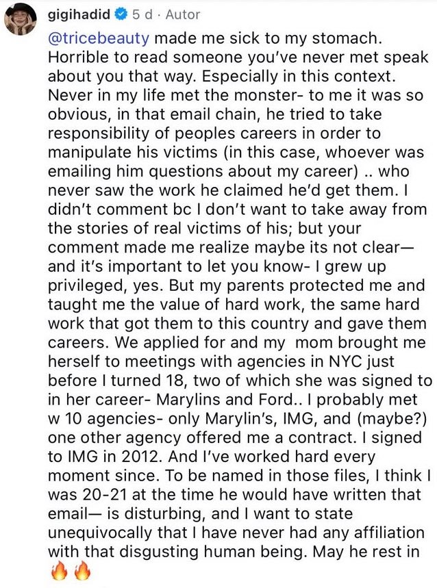 Gigi Hadid's response to being named in Epstein files