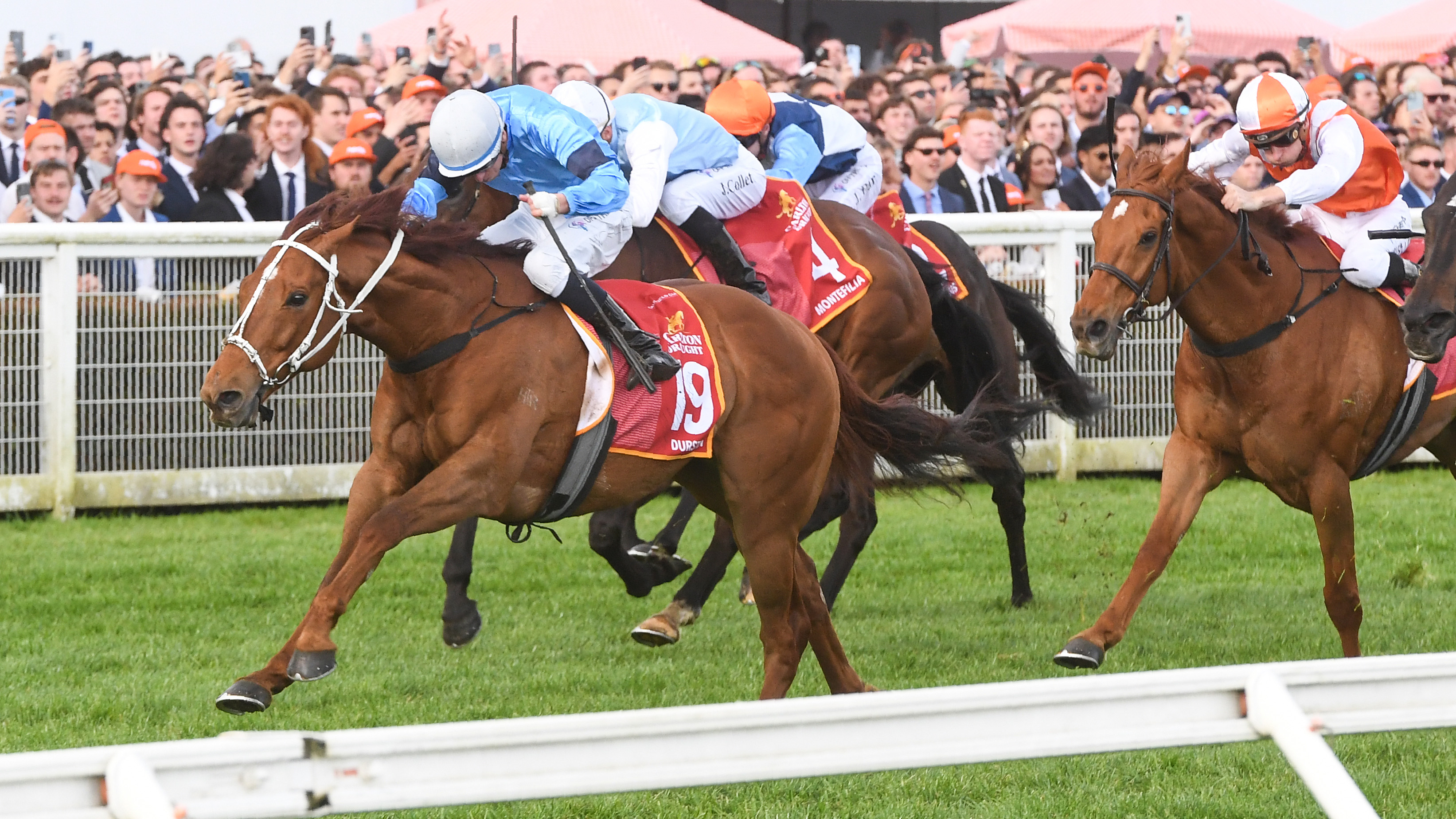 Durston (GB) ridden by Michael Dee wins the Carlton Draught Caulfield Cup at Caulfield Racecourse on October 15, 2022 in Caulfield, Australia. (Photo by Brett Holburt/Racing Photos)