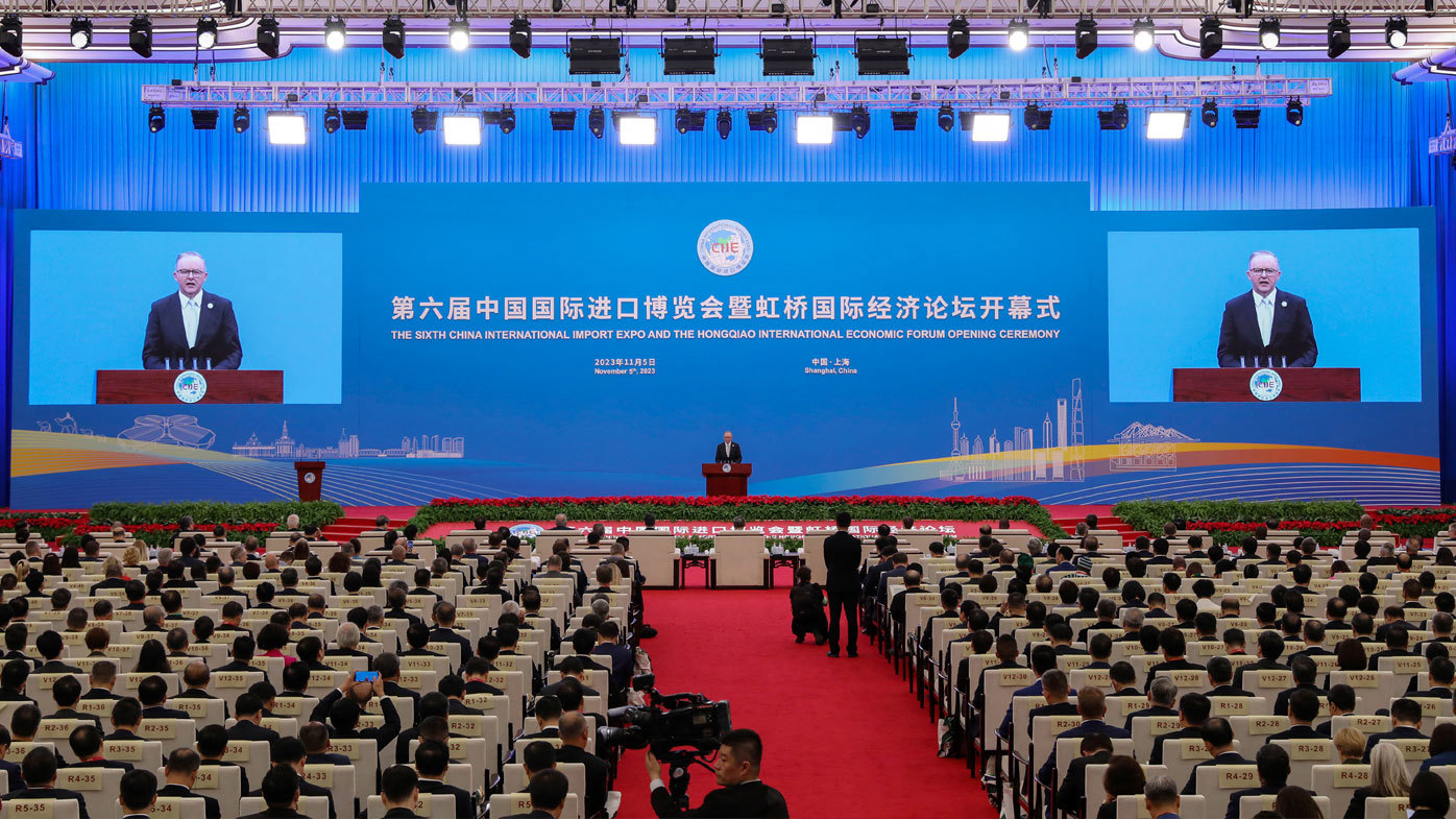 In this photo released by Xinhua News Agency, Australian Prime Minister Anthony Albanese delivers his speech at the opening ceremony of 6th China International Import Expo (CIIE) and the Hongqiao International Economic Forum in Shanghai.