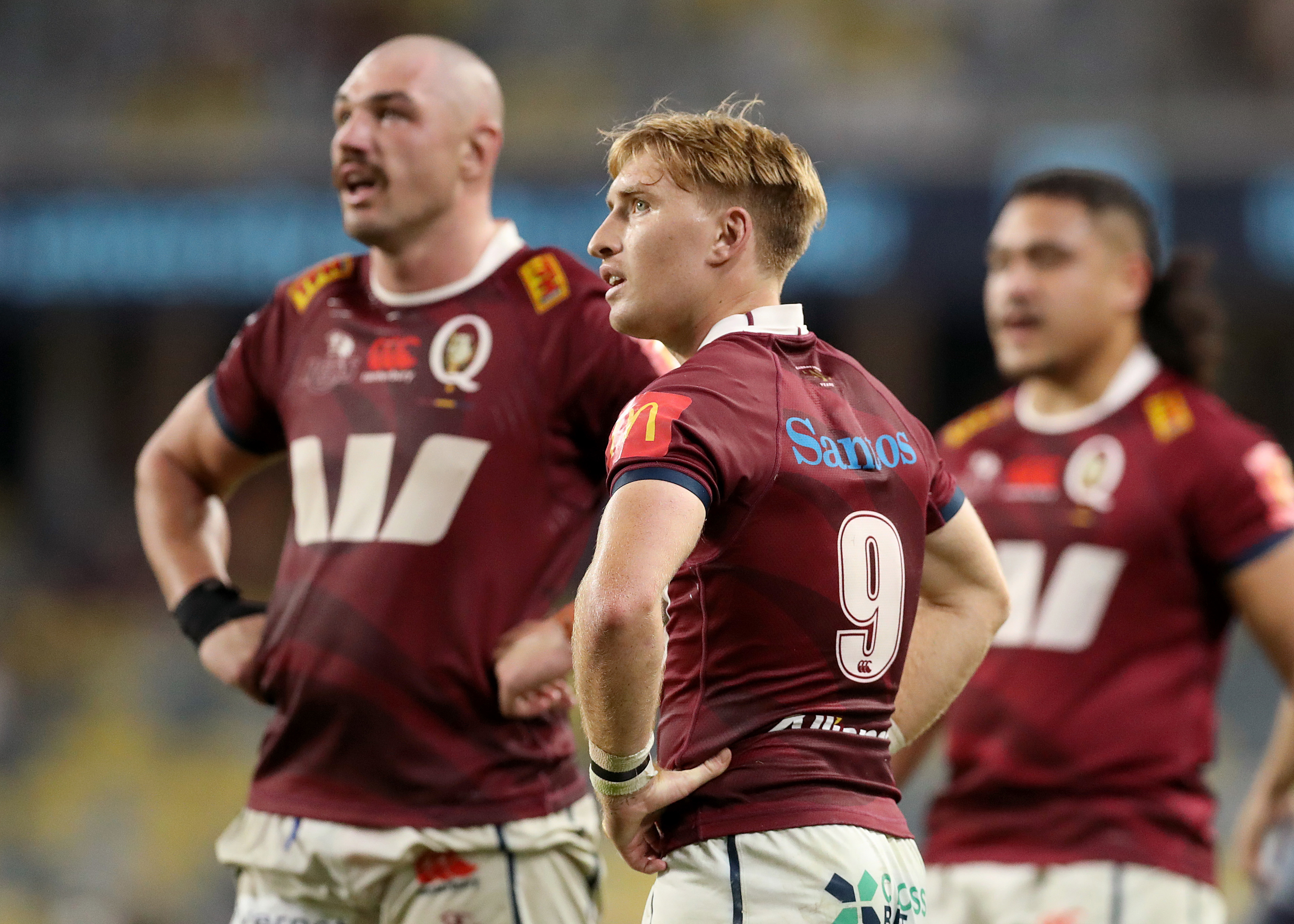 TOWNSVILLE, AUSTRALIA - MAY 06: Tate McDermott of the Reds looks on during the round 11 Super Rugby Pacific match between Queensland Reds and NSW Waratahs at Queensland Country Bank Stadium, on May 06, 2023, in Townsville, Australia. (Photo by Kelly Defina/Getty Images)