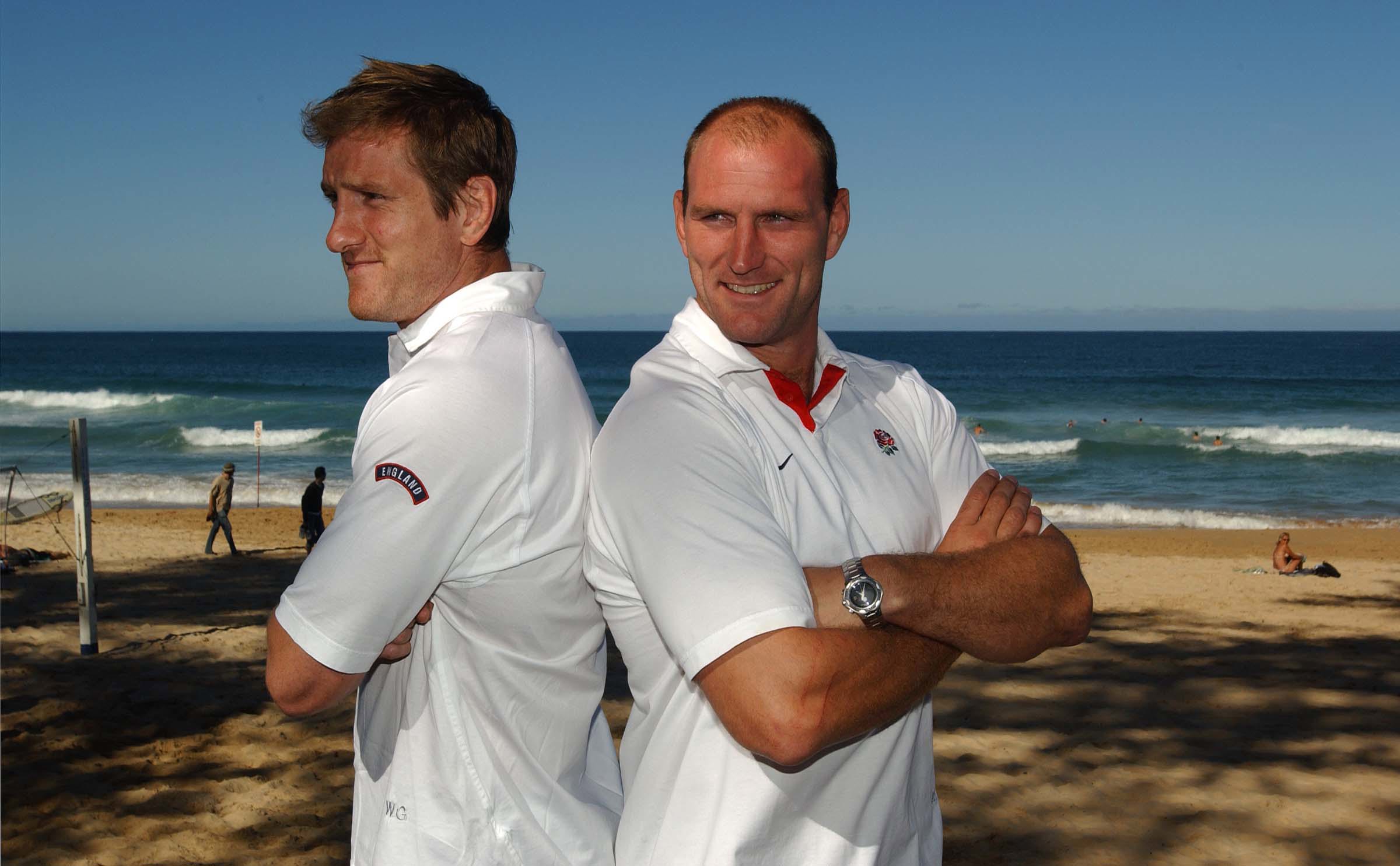England's Will Greenwood and Lawrence Dallaglio on the Manly beachfront leading up to the Rugby World Cup final against Australia.