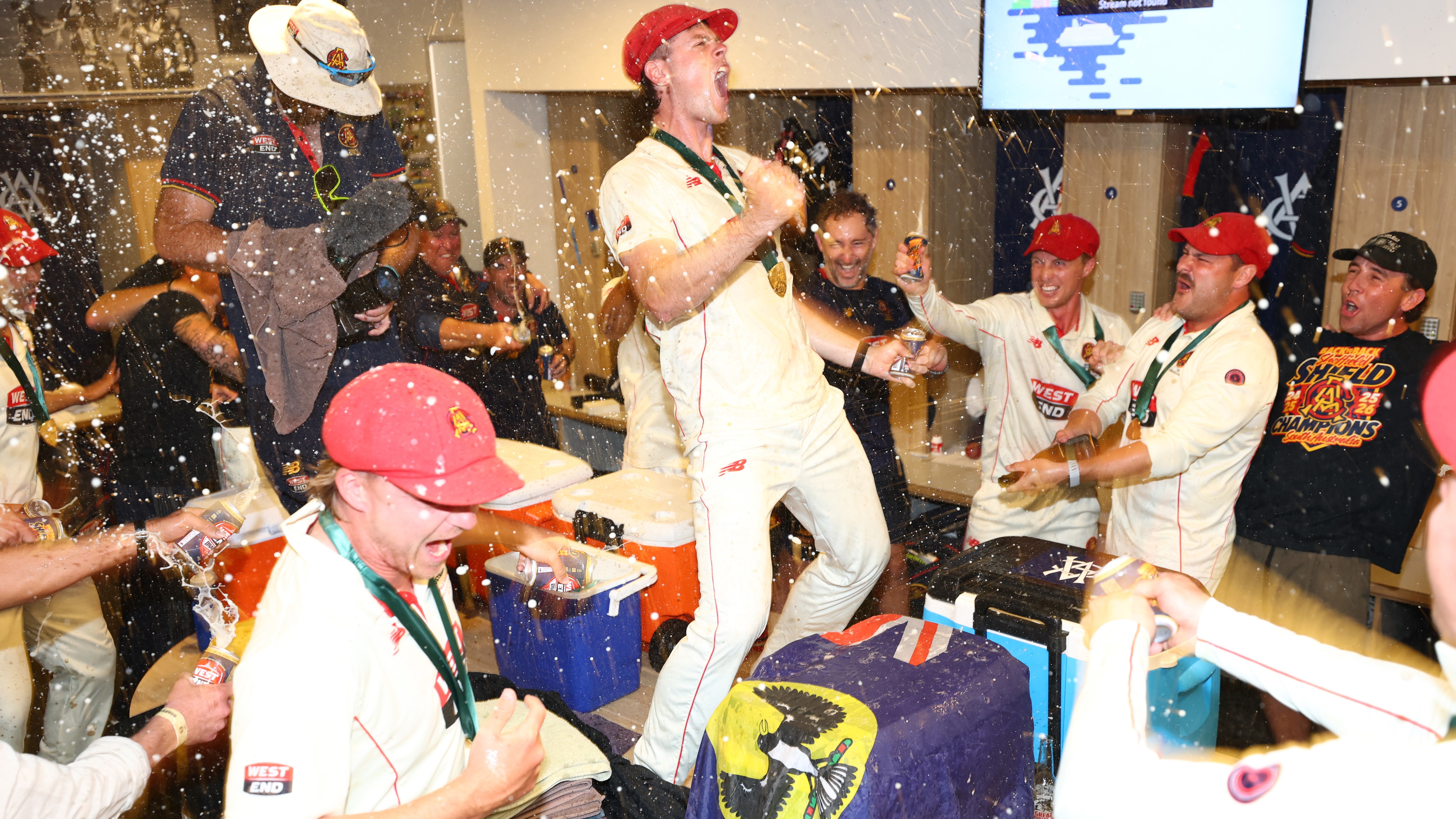 South Australia celebrate their 2025-26 Sheffield Shield title win.