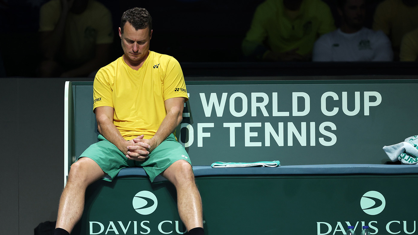 Lleyton Hewitt of Australia reacts during the Davis Cup Final match against Italy at Palacio de Deportes Jose Maria Martin Carpena on November 26, 2023 in Malaga, Spain. (Photo by Clive Brunskill/Getty Images for ITF)