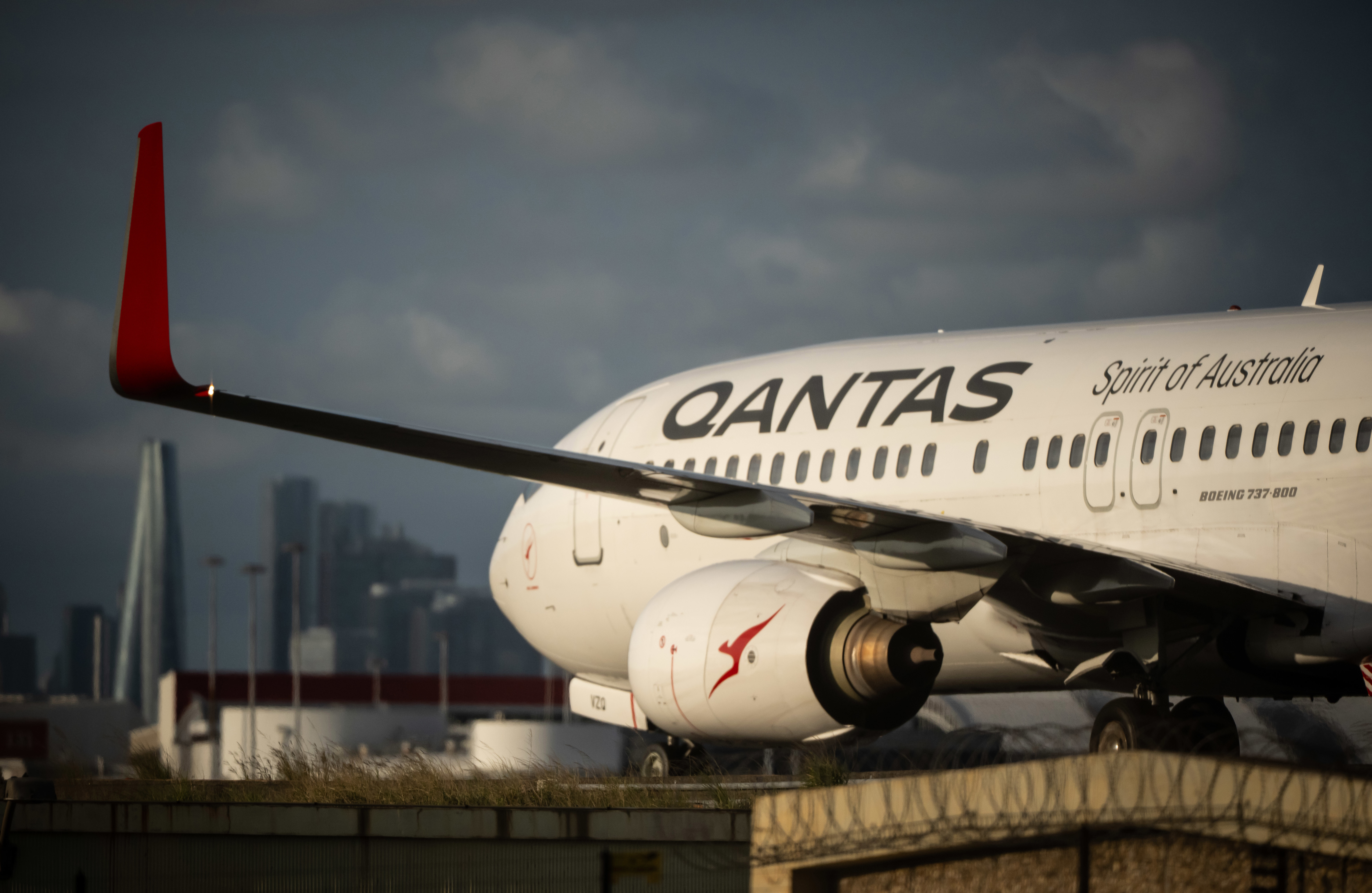 A Qantas A380 aircraft passes Gate 20 at The Beach, Mascot on the perimiter of Sydney Airport. Qantas.