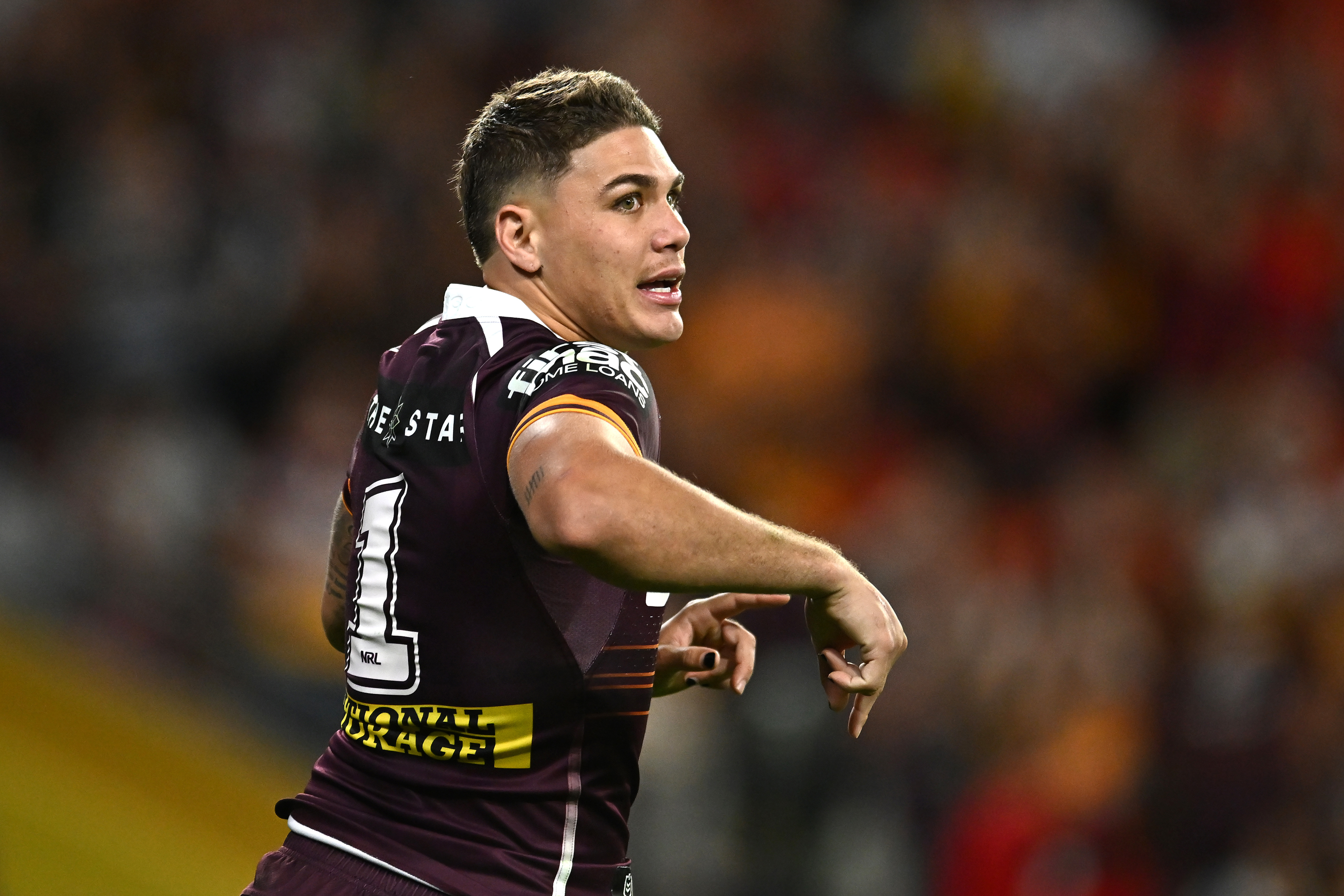 BRISBANE, AUSTRALIA - MARCH 27: Reece Walsh of the Broncos celebrates scoring a try during the round four NRL match between Brisbane Broncos and Dolphins at Suncorp Stadium, on March 27, 2026, in Brisbane, Australia. (Photo by Albert Perez/Getty Images)