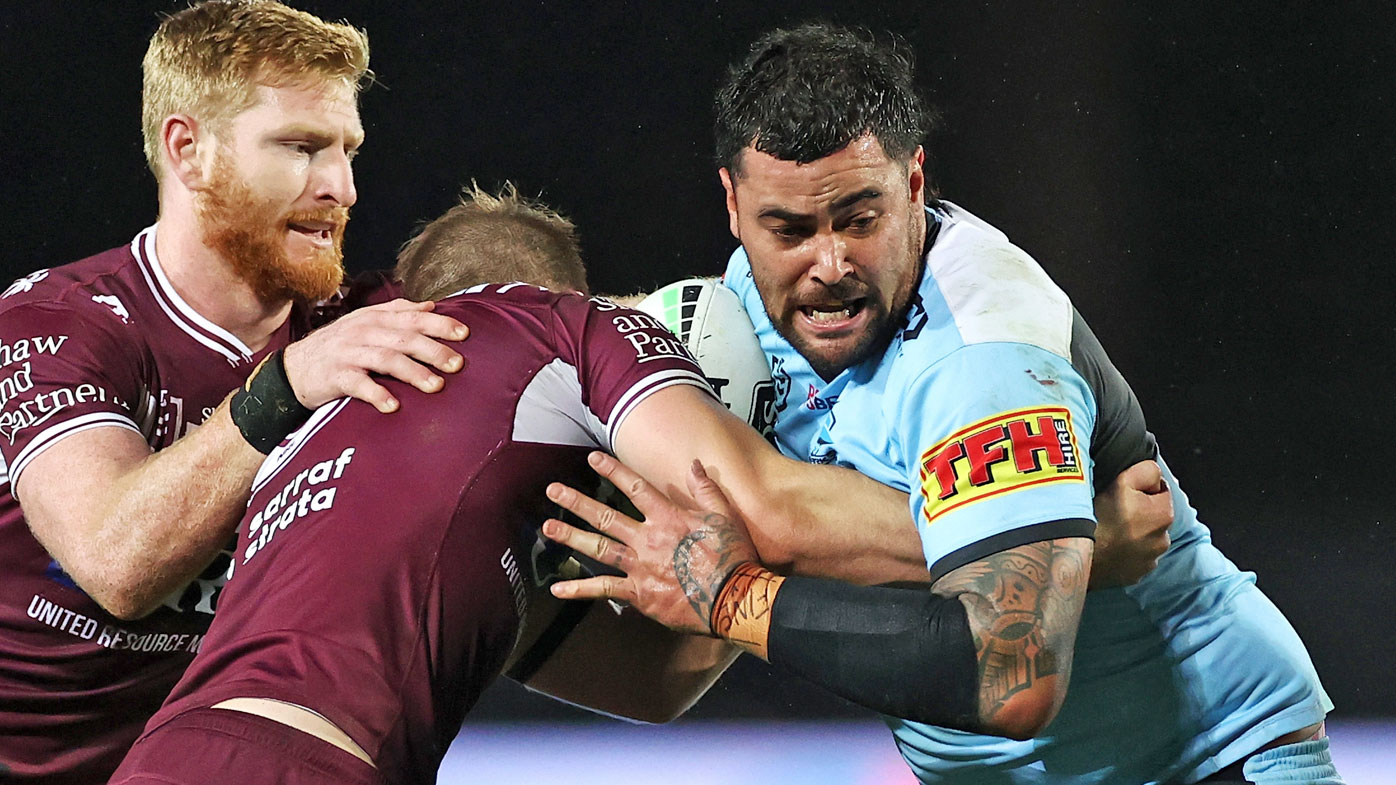  Andrew Fifita of the Sharks is tackled 