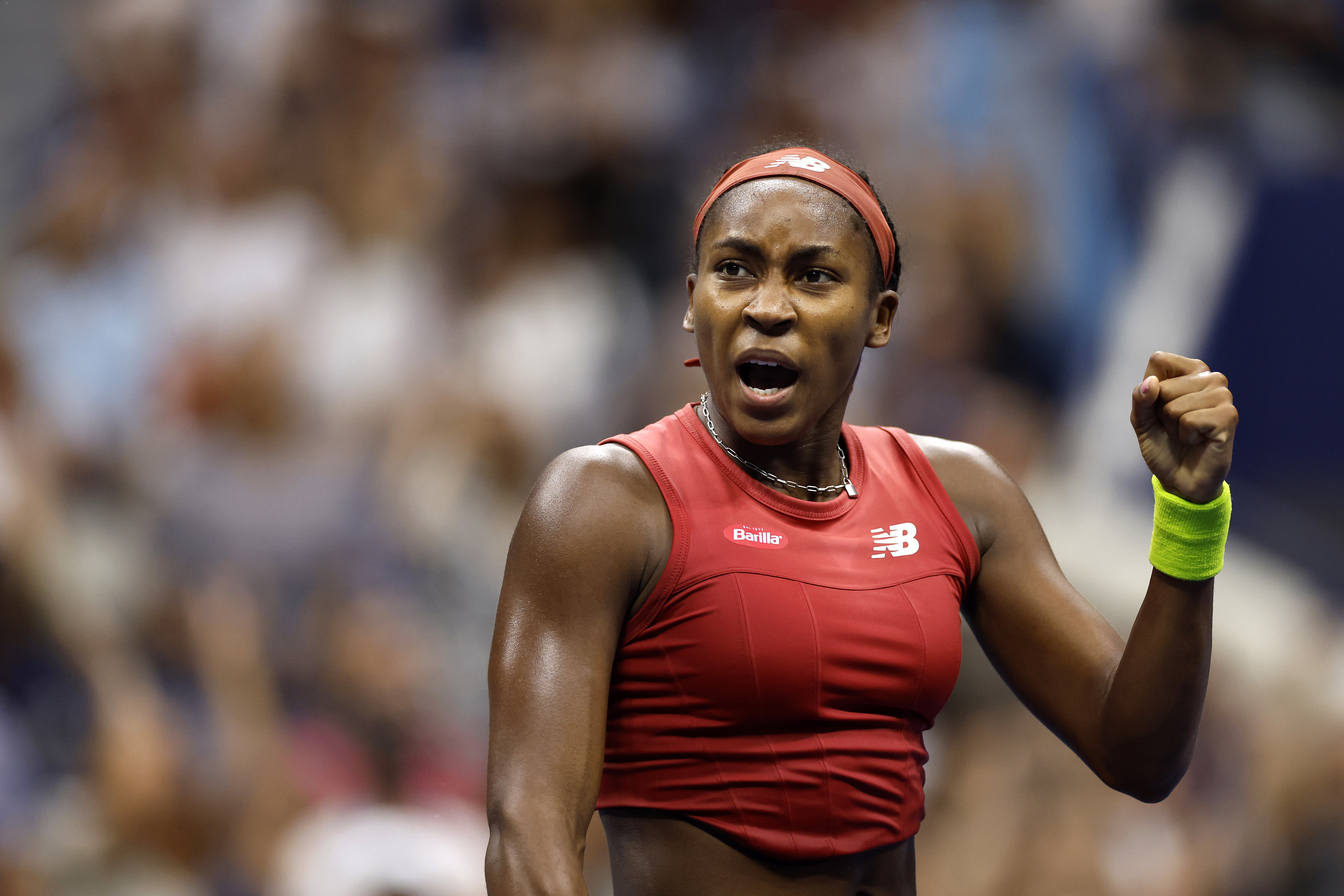 Coco Gauff of the United States celebrates a point against Aryna Sabalenka of Belarus during their Women's Singles Final match on Day Thirteen of the 2023 US Open at the USTA Billie Jean King National Tennis Center on September 09, 2023 in the Flushing neighborhood of the Queens borough of New York City. (Photo by Sarah Stier/Getty Images)