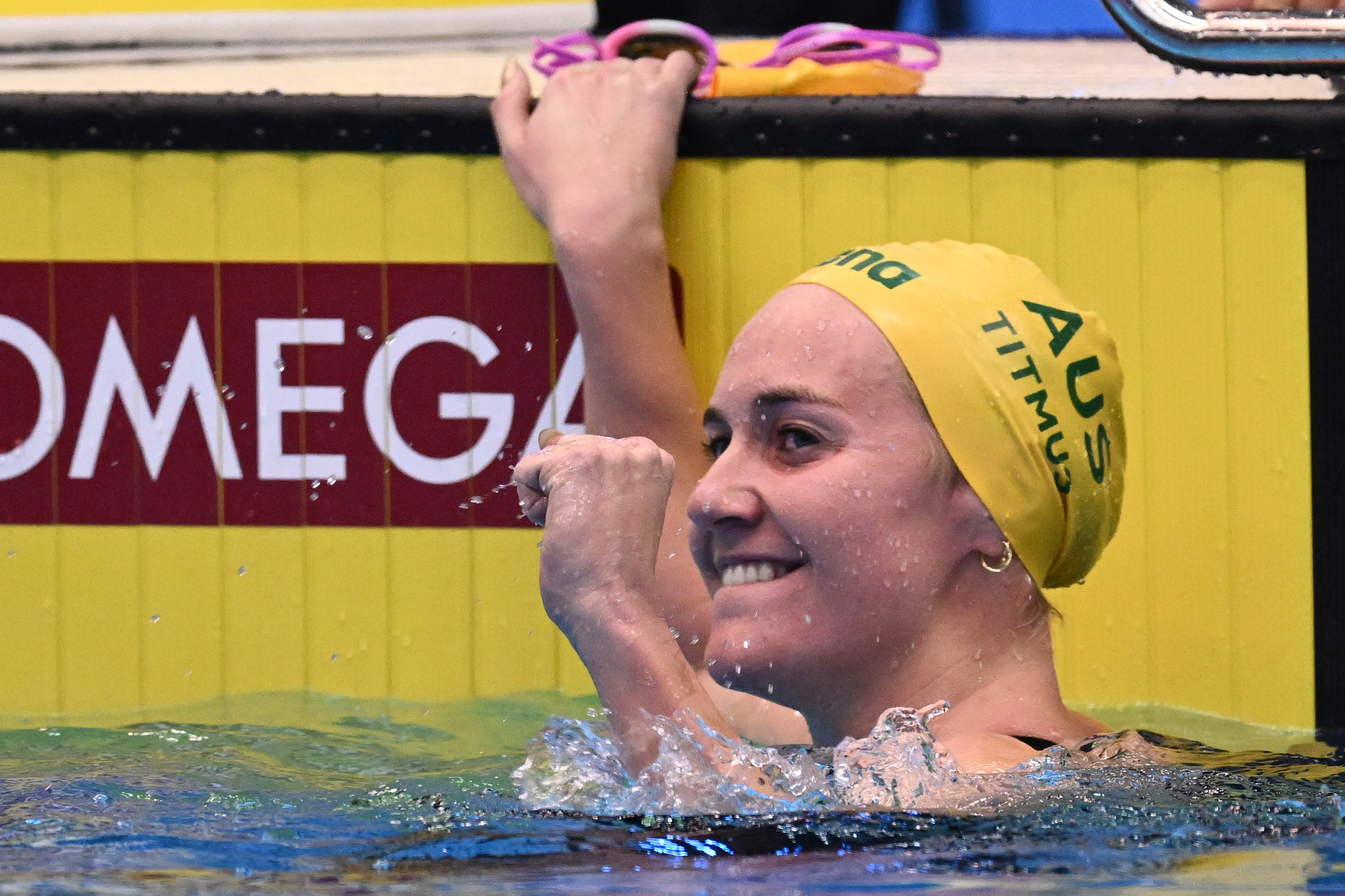FUKUOKA, JAPAN - JULY 23:   Ariarne Titmus of Team Australia celebrates winning gold in the Women's 400m Freestyle Final in a new world record time of WR 3:55.38 on day one of the Fukuoka 2023 World Aquatics Championships at Marine Messe Fukuoka Hall A on July 23, 2023 in Fukuoka, Japan. (Photo by Quinn Rooney/Getty Images)