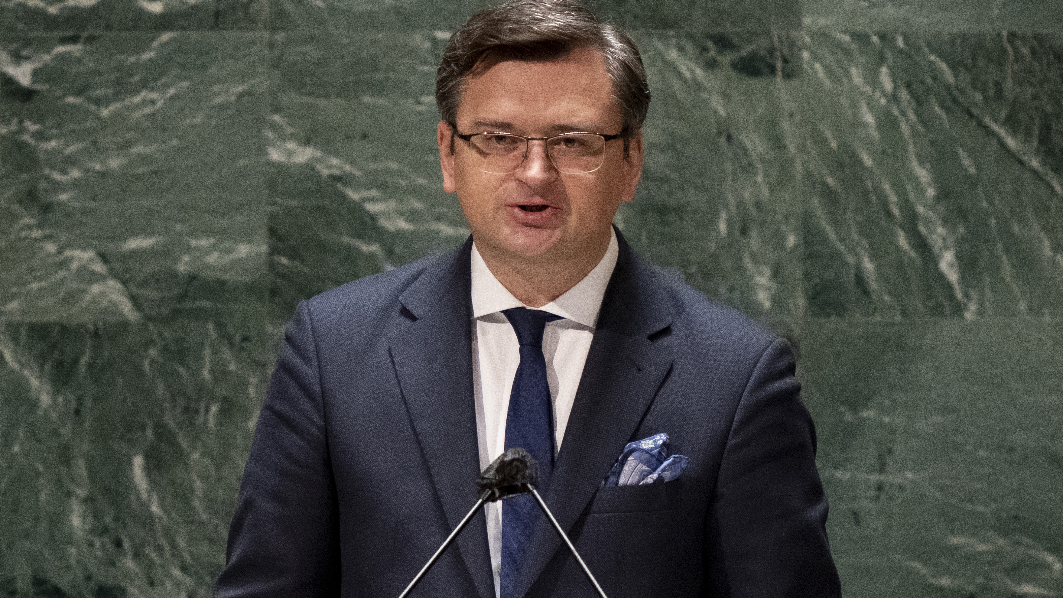 Ukrainian Foreign Minister Dmytro Kuleba speaks at the general assembly hall, at United Nations Headquarters.