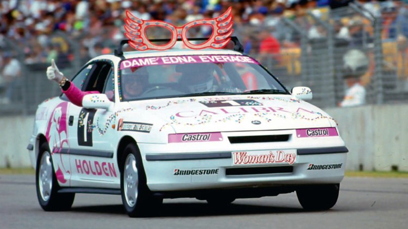 Dame Edna Everage, with Neil Crompton in the passenger seat, during the celebrity race at the 1993 Australian Grand Prix.