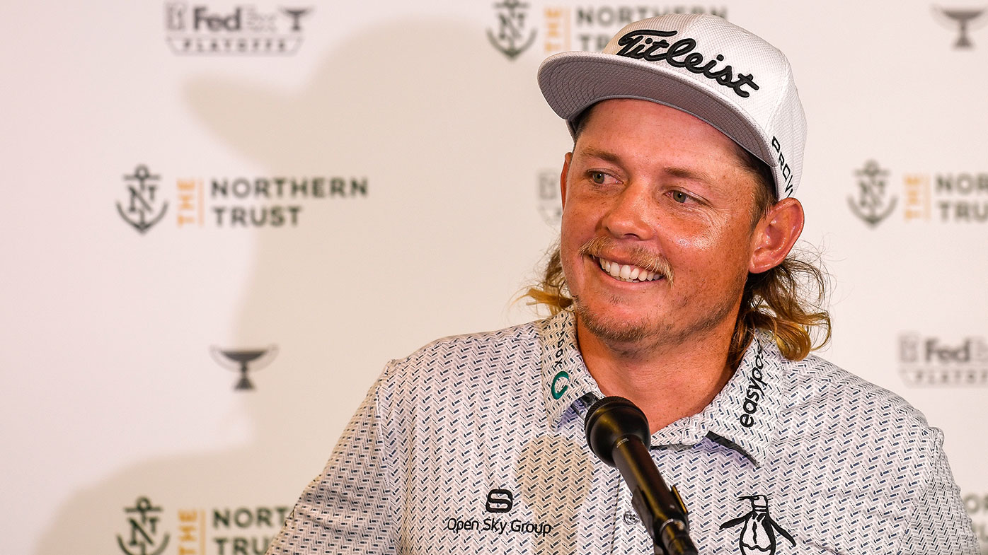 Cameron Smith of Australia smiles while talking about his course record round during the third round of THE NORTHERN TRUST at Liberty National Golf Club on August 21, 2021 in Jersey City, New Jersey. (Photo by Tracy Wilcox/PGA TOUR via Getty Images)