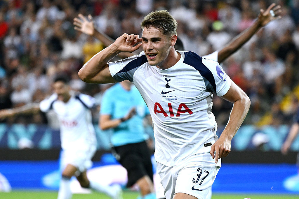 Micky van de Ven of Tottenham celebrates his goal during the UEFA Super Cup.