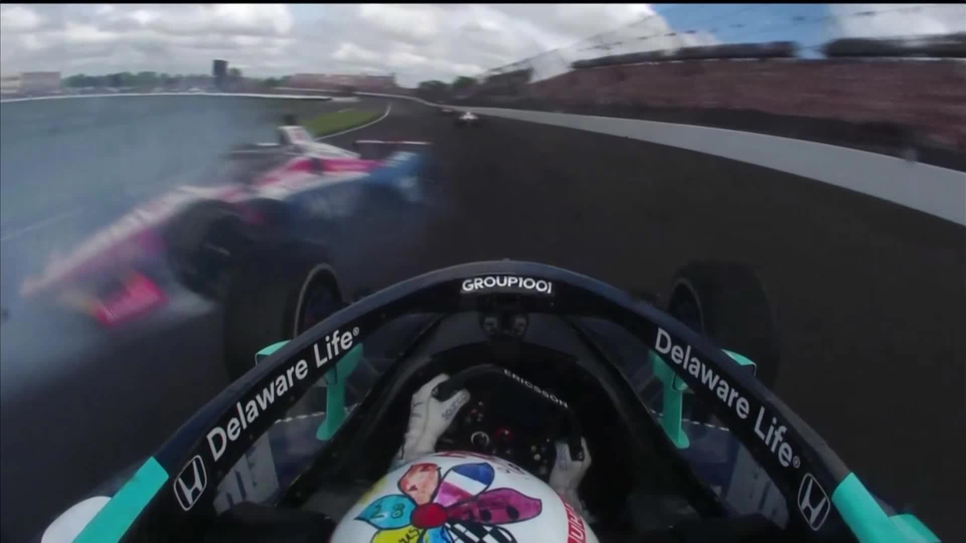 Tom Blomqvist spins into the path of Marcus Ericsson on lap one of the Indianapolis 500.