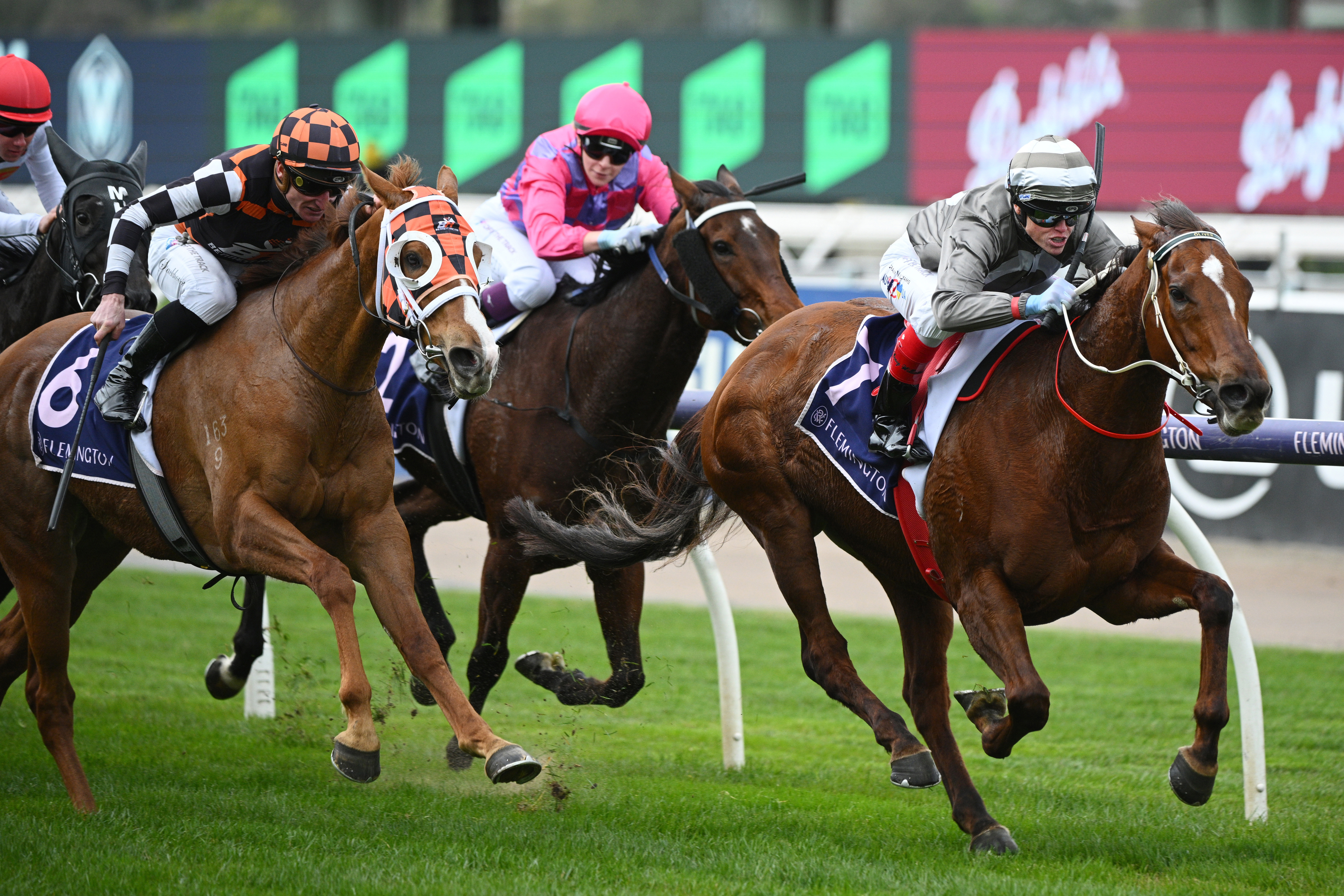 Craig Williams riding Justdoit winning Race 3, the Donate To Rda Australia - Betting Odds during Melbourne Racing at Flemington Racecourse on August 03, 2024 in Melbourne, Australia. (Photo by Vince Caligiuri/Getty Images)