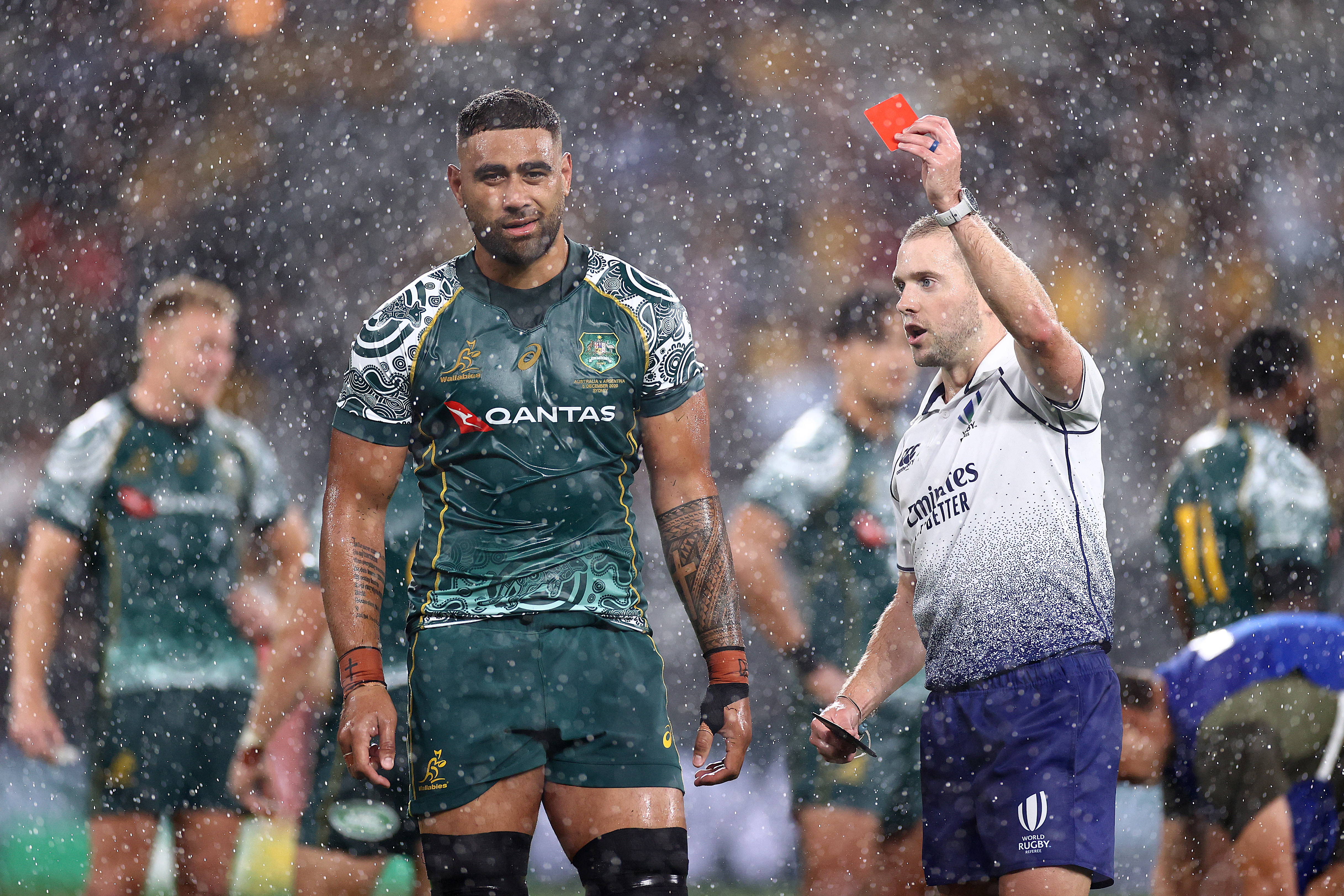 Lukhan Salakaia-Loto of the Wallabies is given a red card.