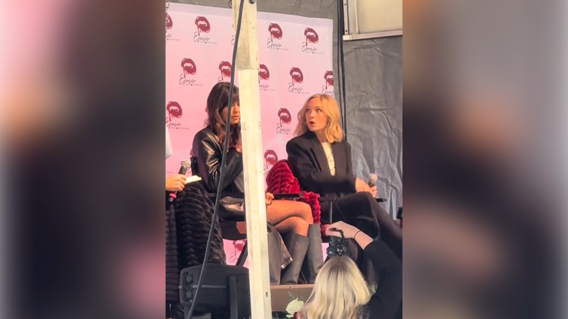 Candice King and Kat Graham catch falling stage piece 