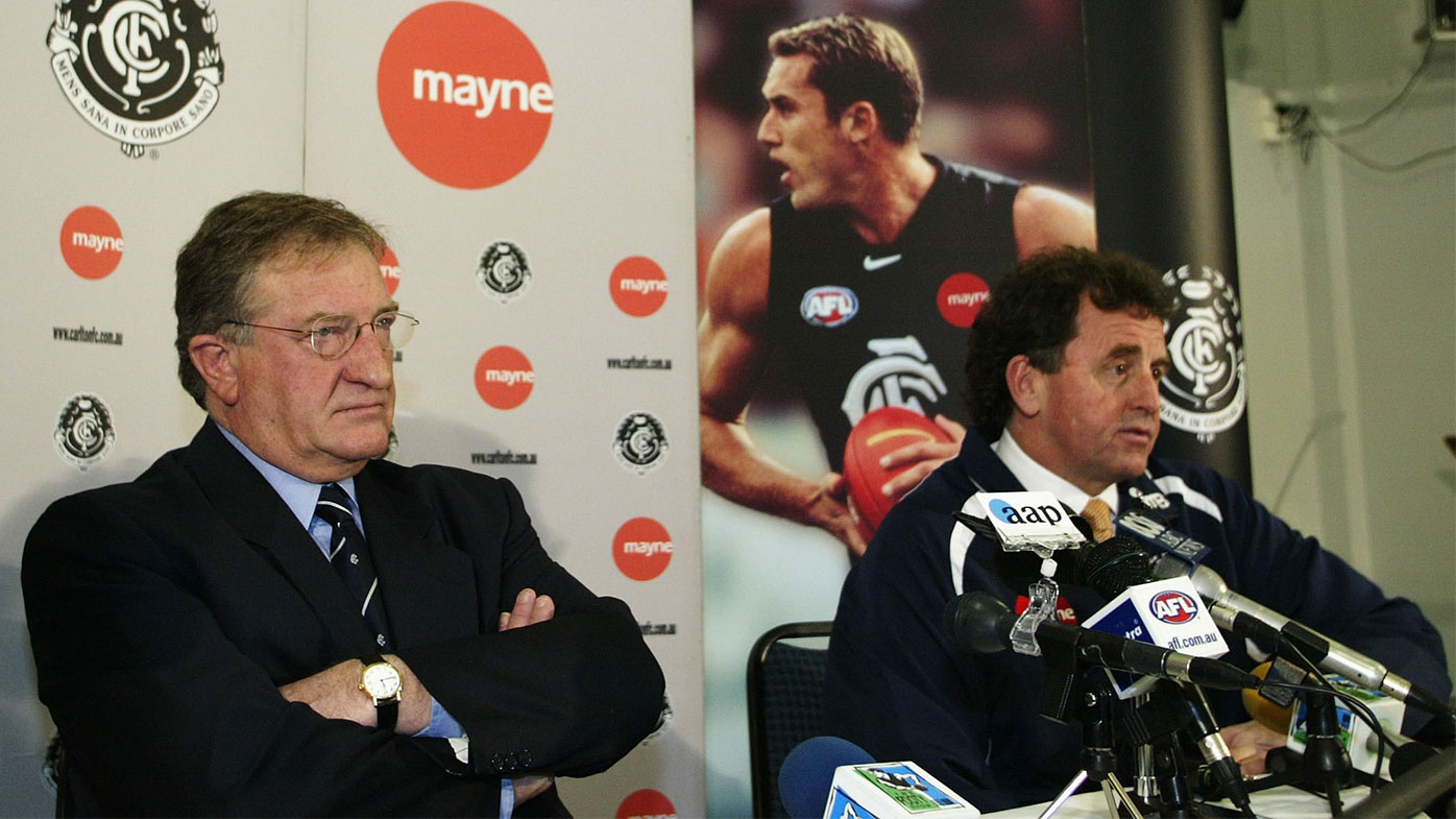 Denis Pagan and Carlton president John Elliott talk to the media