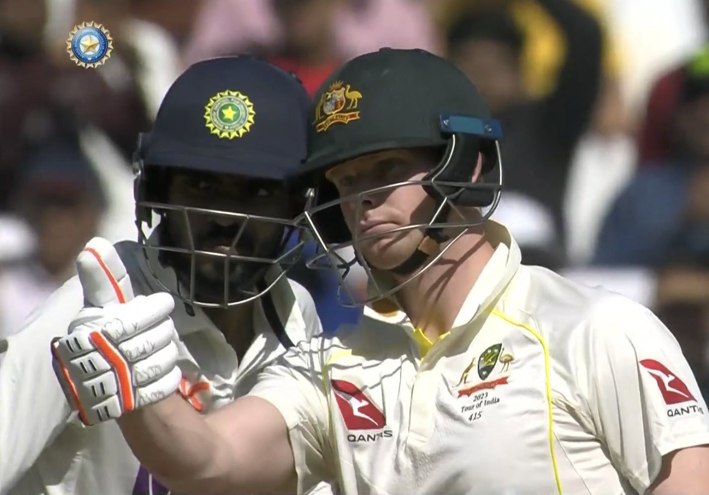 Steve Smith compliments Ravindra Jadeja's delivery.