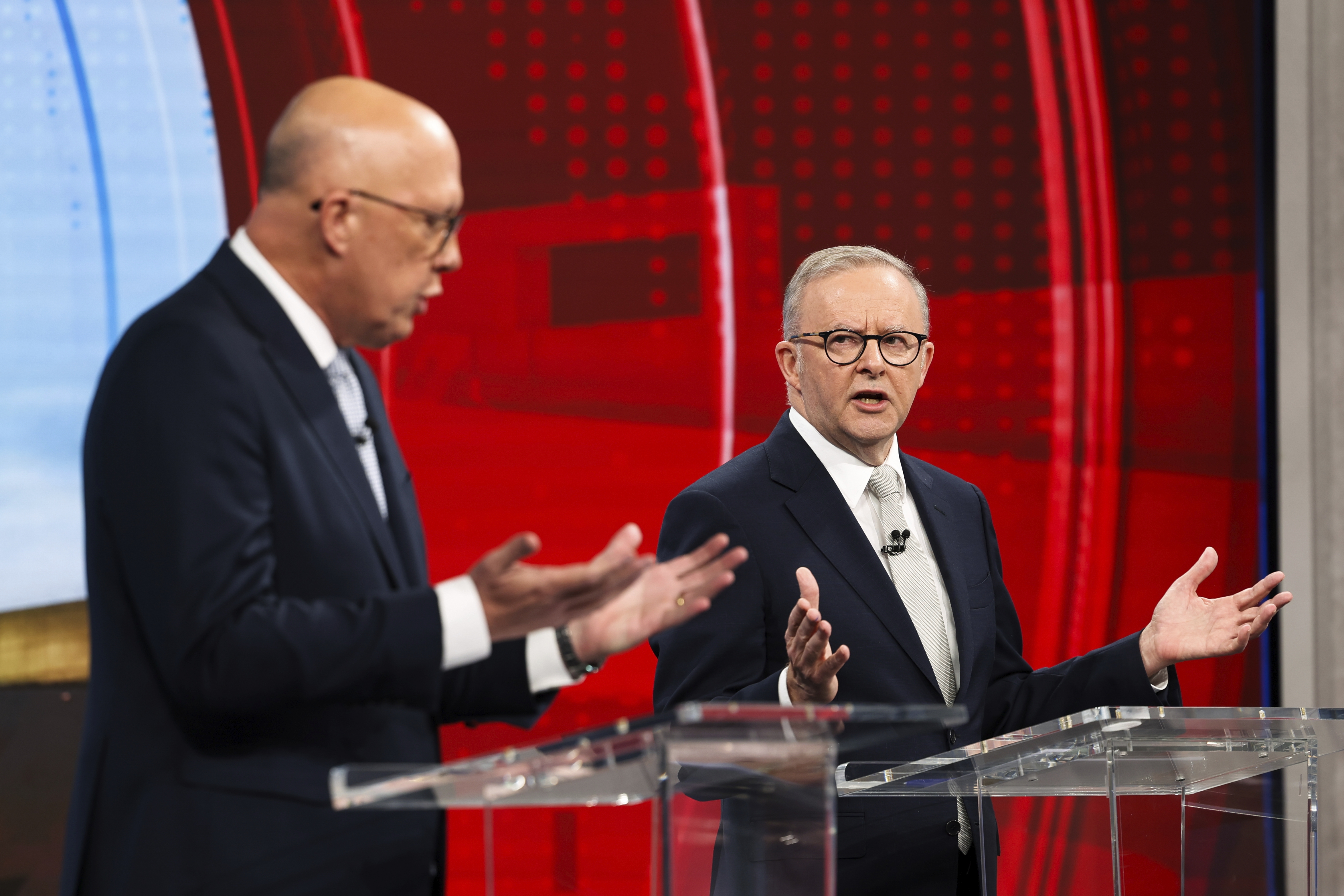 Opposition Leader Peter Dutton and Prime Minister Anthony Albanese during the third leaders' debate, The Great Debate hosted by Nine, during the 2025 federal election campaign